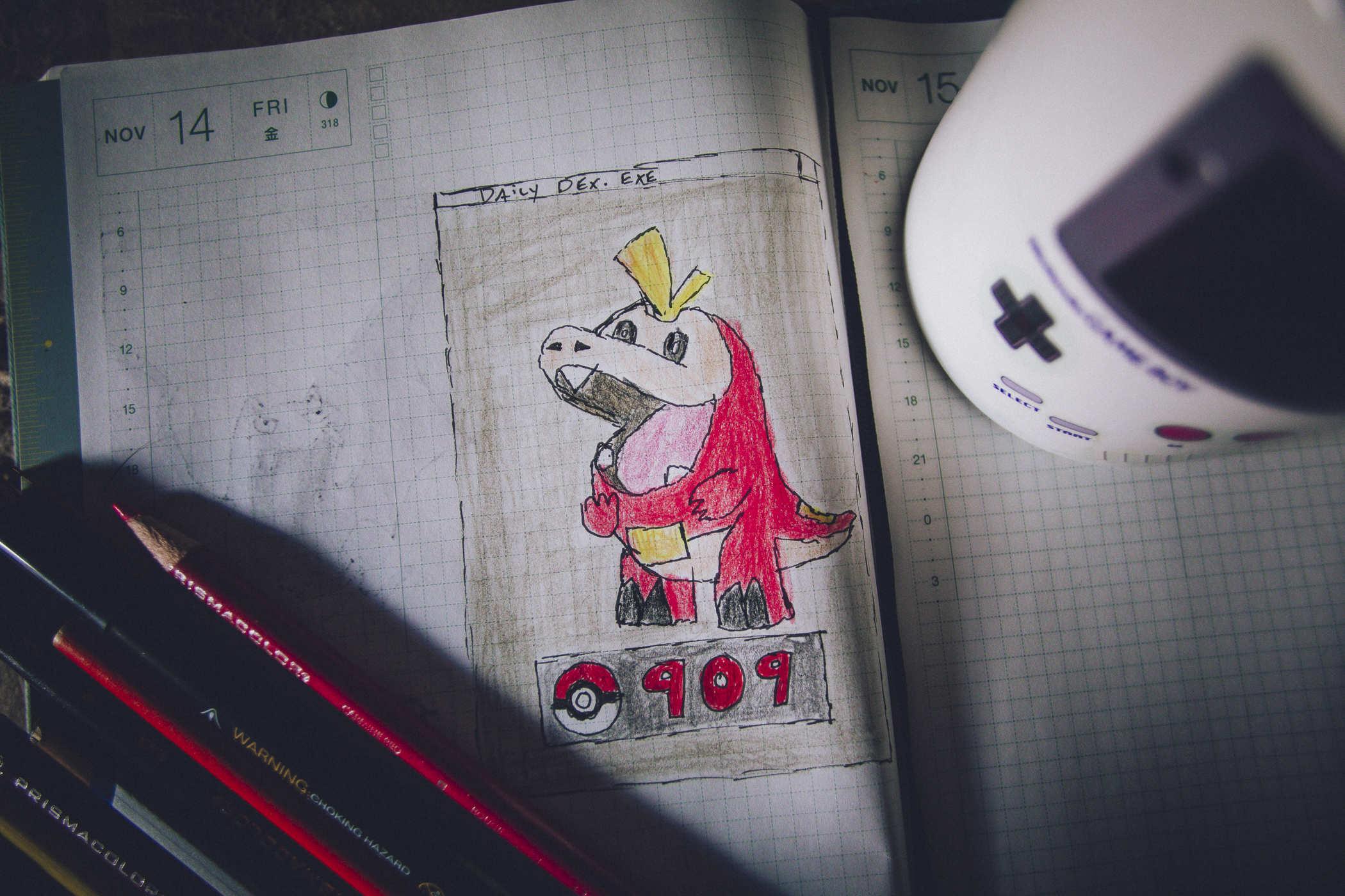 Hand drawn Pokemon 909 - the Fuecoco; a redish reptile creature