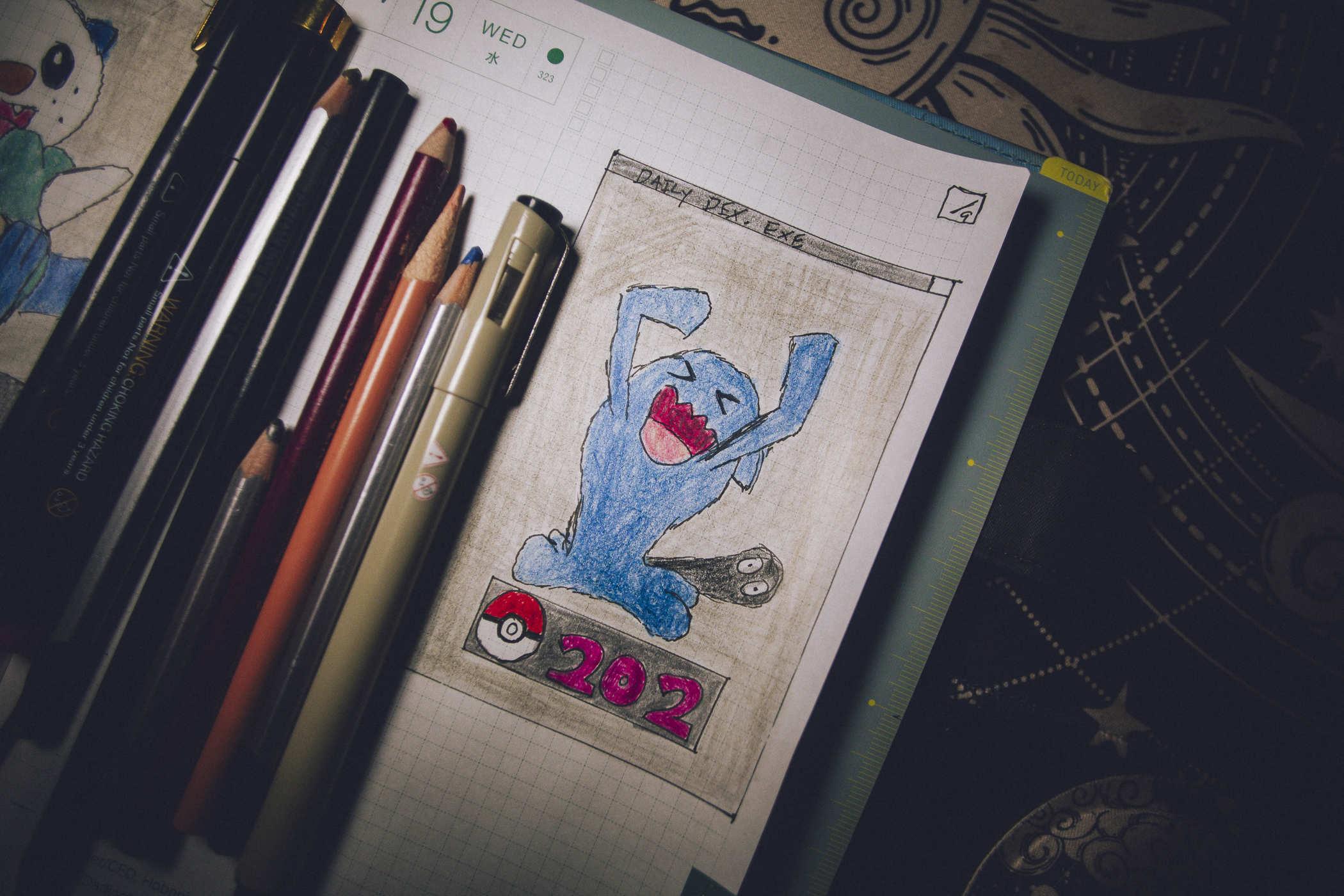 Drawing of pokemon 202 - Wobbufet, a blue blob-like thing raising hands to the heavens in joy