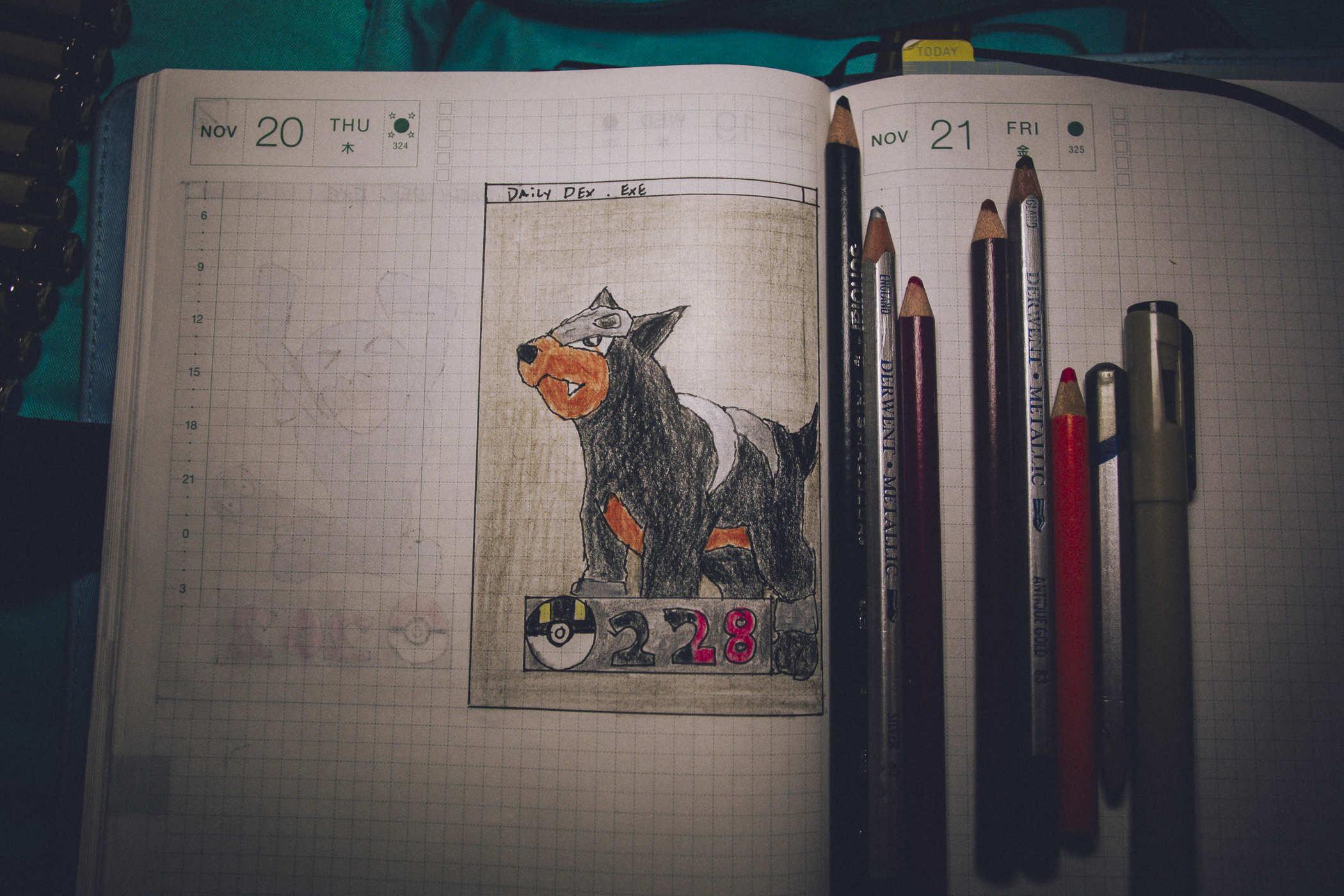 Drawing of pokemon 228 - Houndour, an angry looking black dog with what looks like bone armour