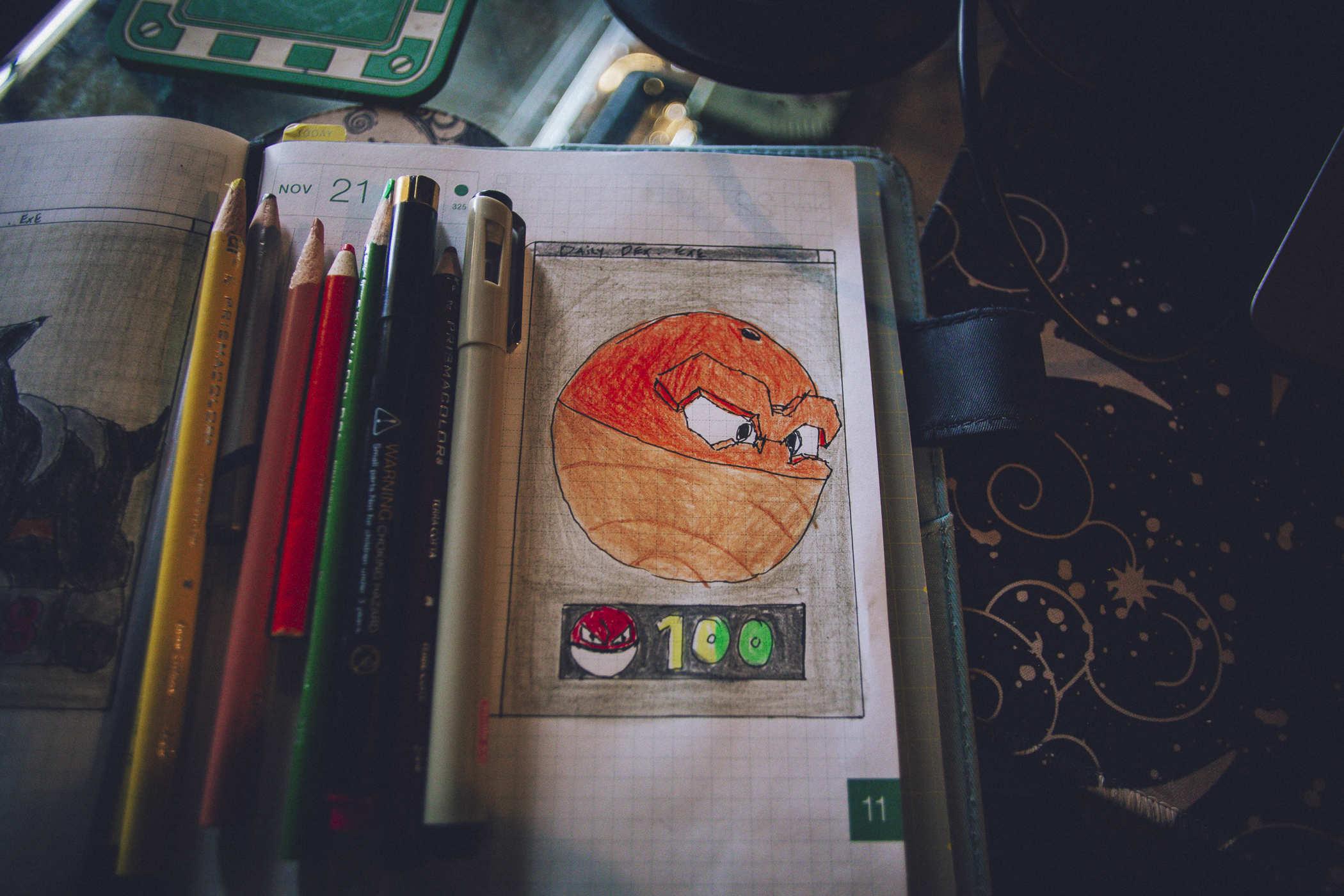 Drawing of the Hisiuan Voltorb - an orange pokeball adjacent creature with intense eyes