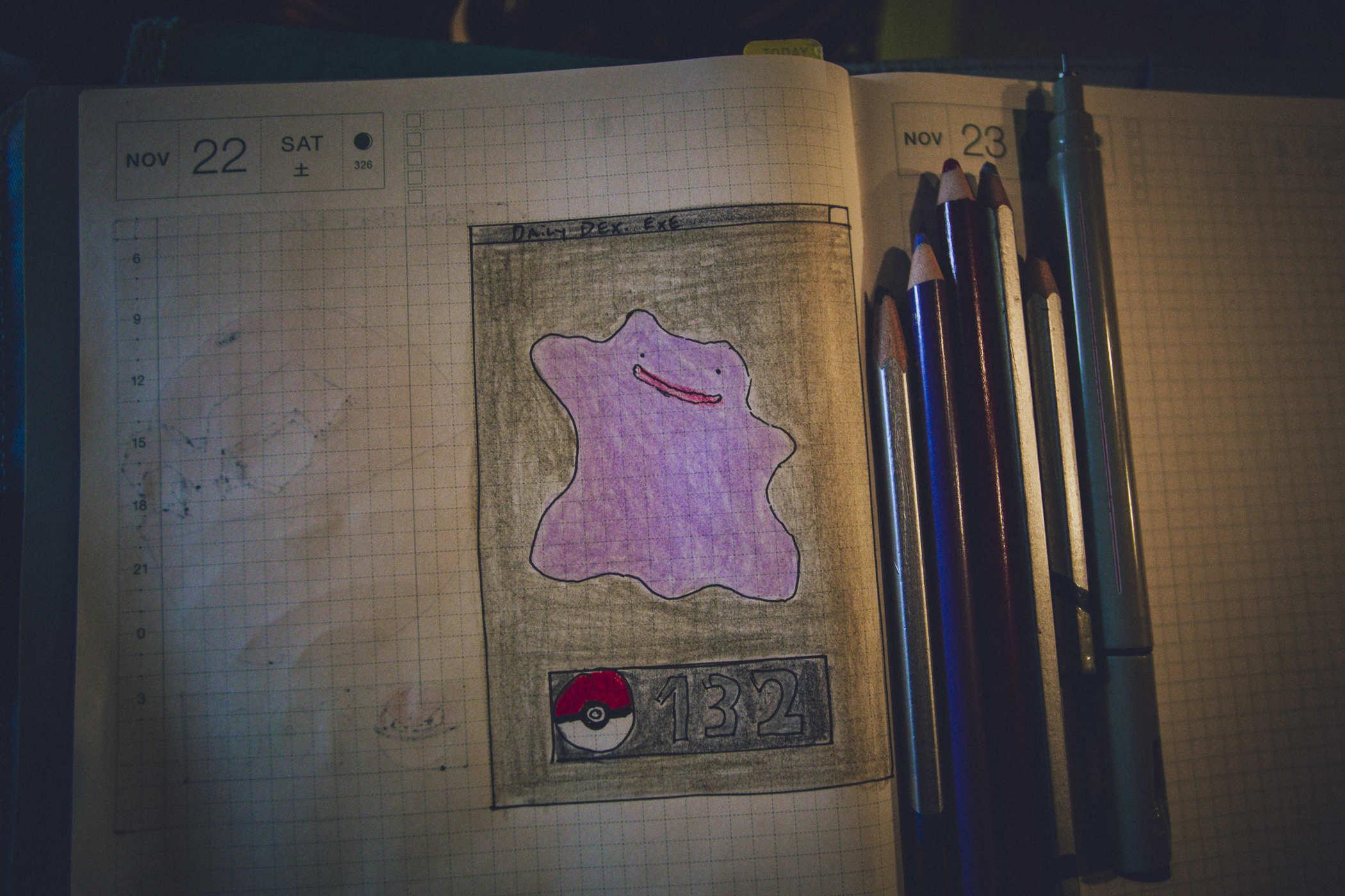 Drawing of Pokemon 132 - the Ditto, a large purple blog