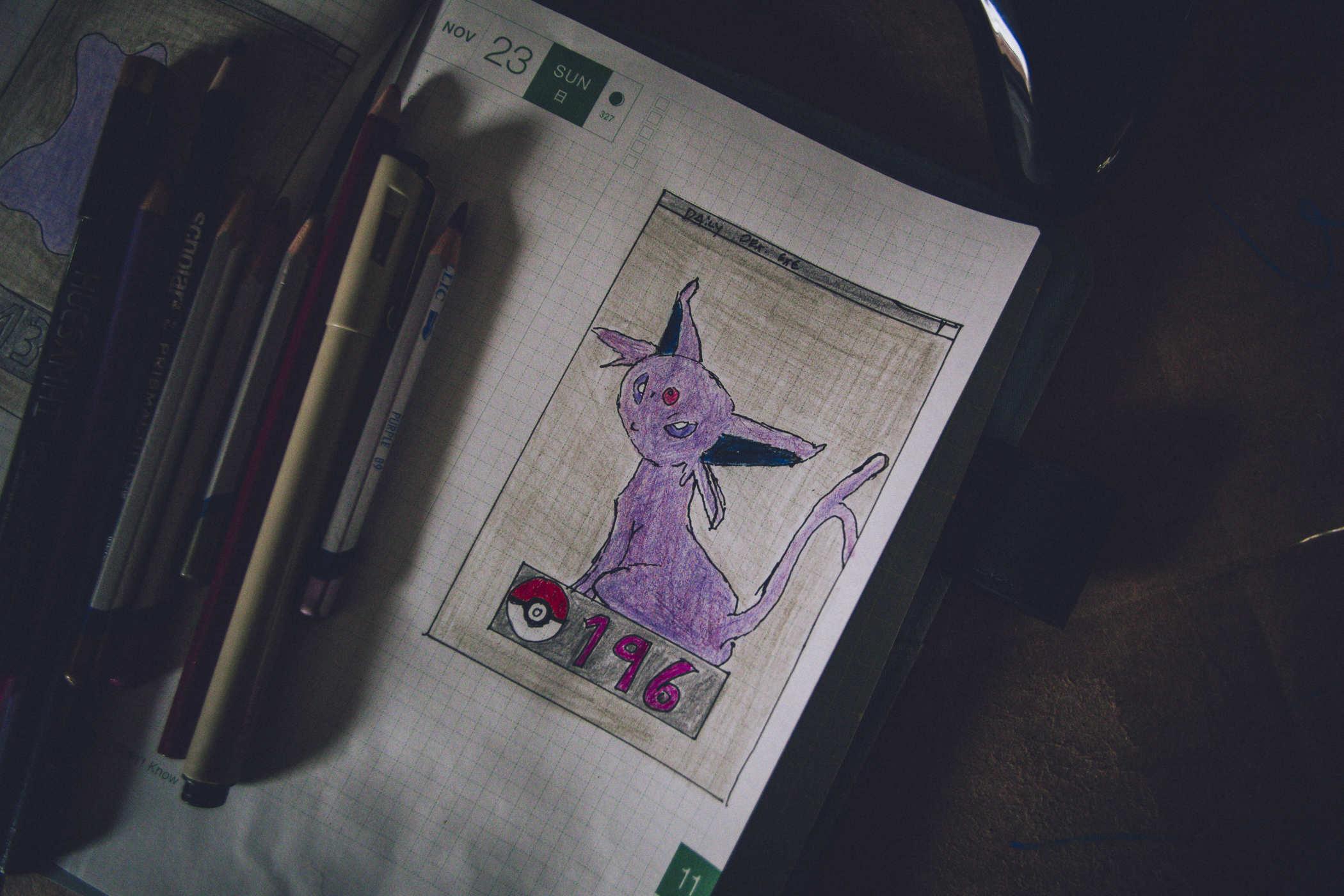 Drawing of Pokemon 196 - the Espeon, a purple-ish cat with two tails and some big-ass ears