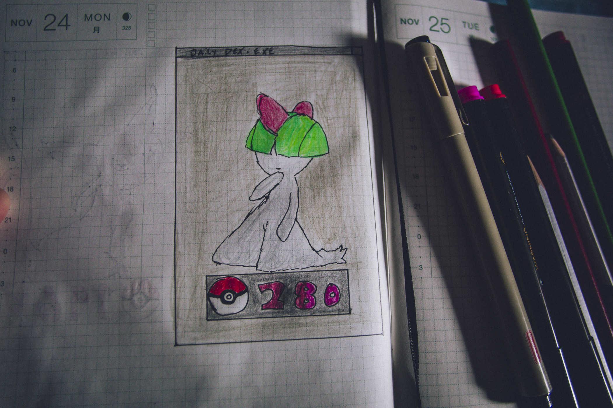 Drawing of Pokemon 280 - a mostly white humanoid with a bad green bowl cut (Ralts)