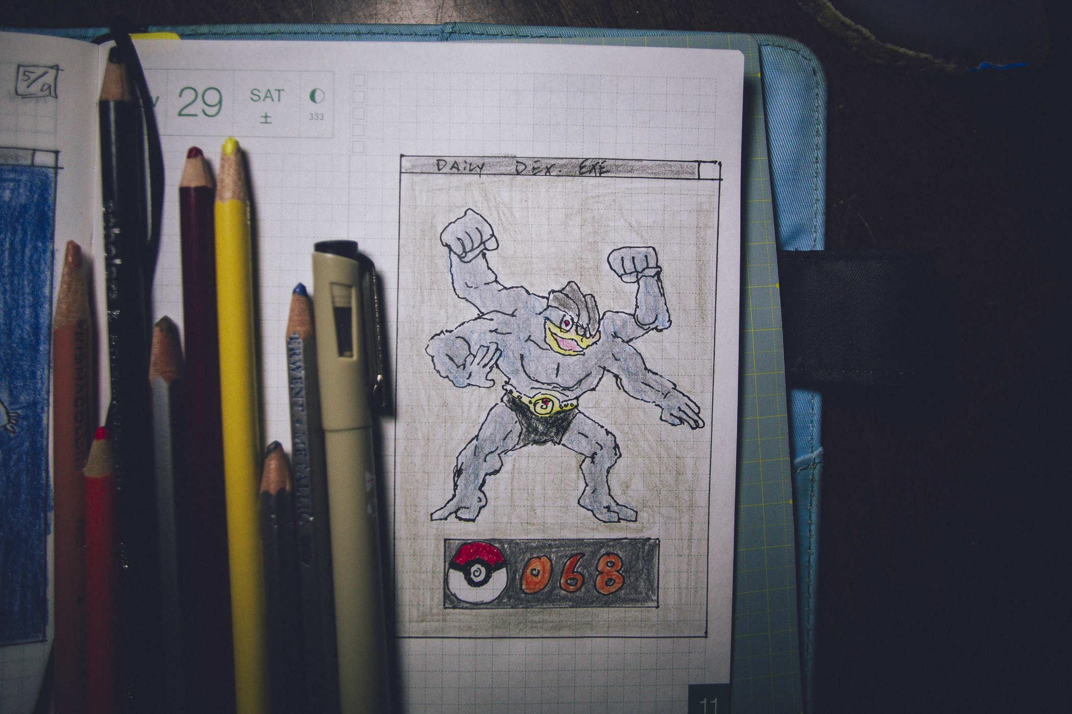 Pokemon 68; a drawing of the four armed muscly monster MACHAMP