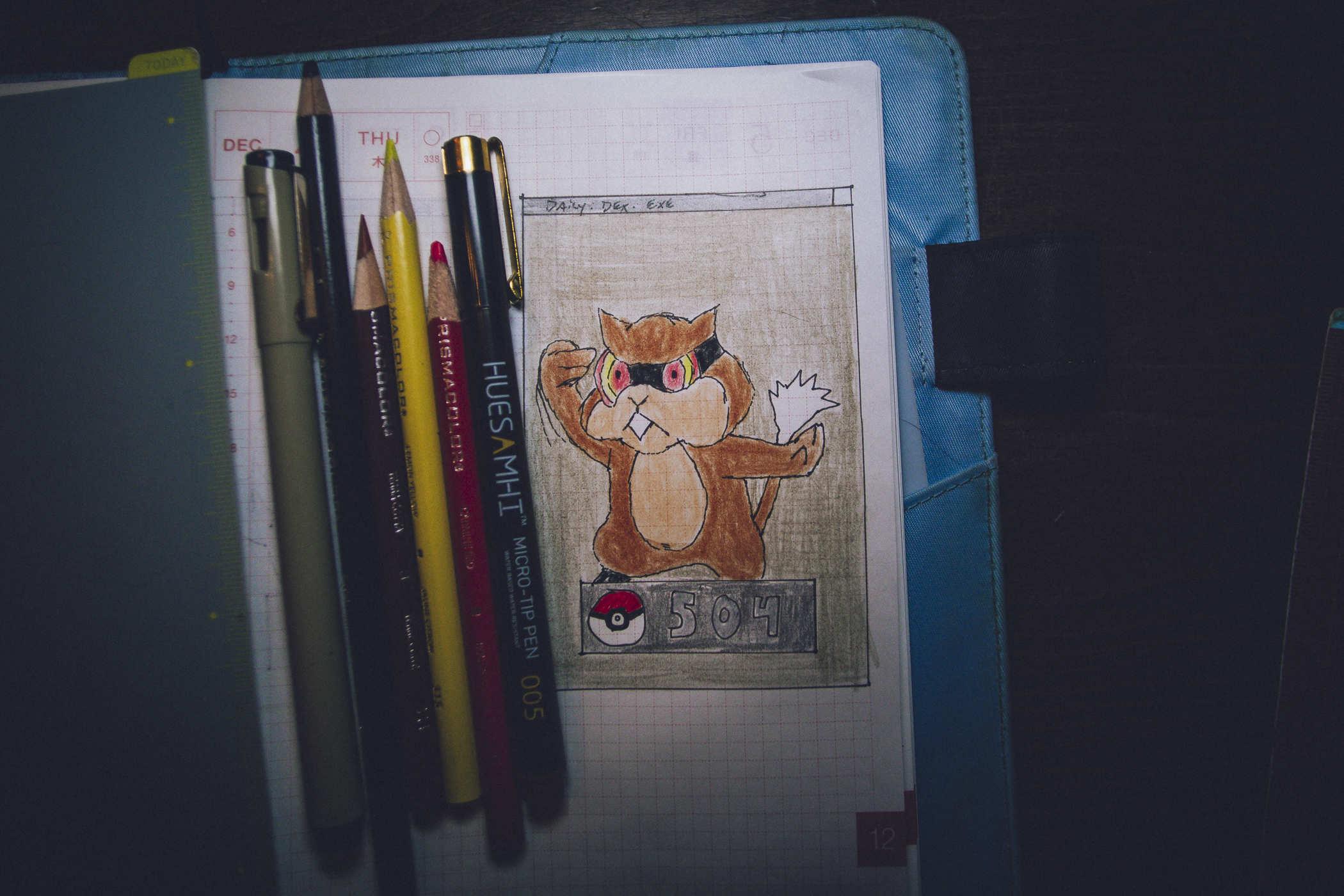 Drawing of pokemon 504, what appears to be a rat with a raccoon mask
