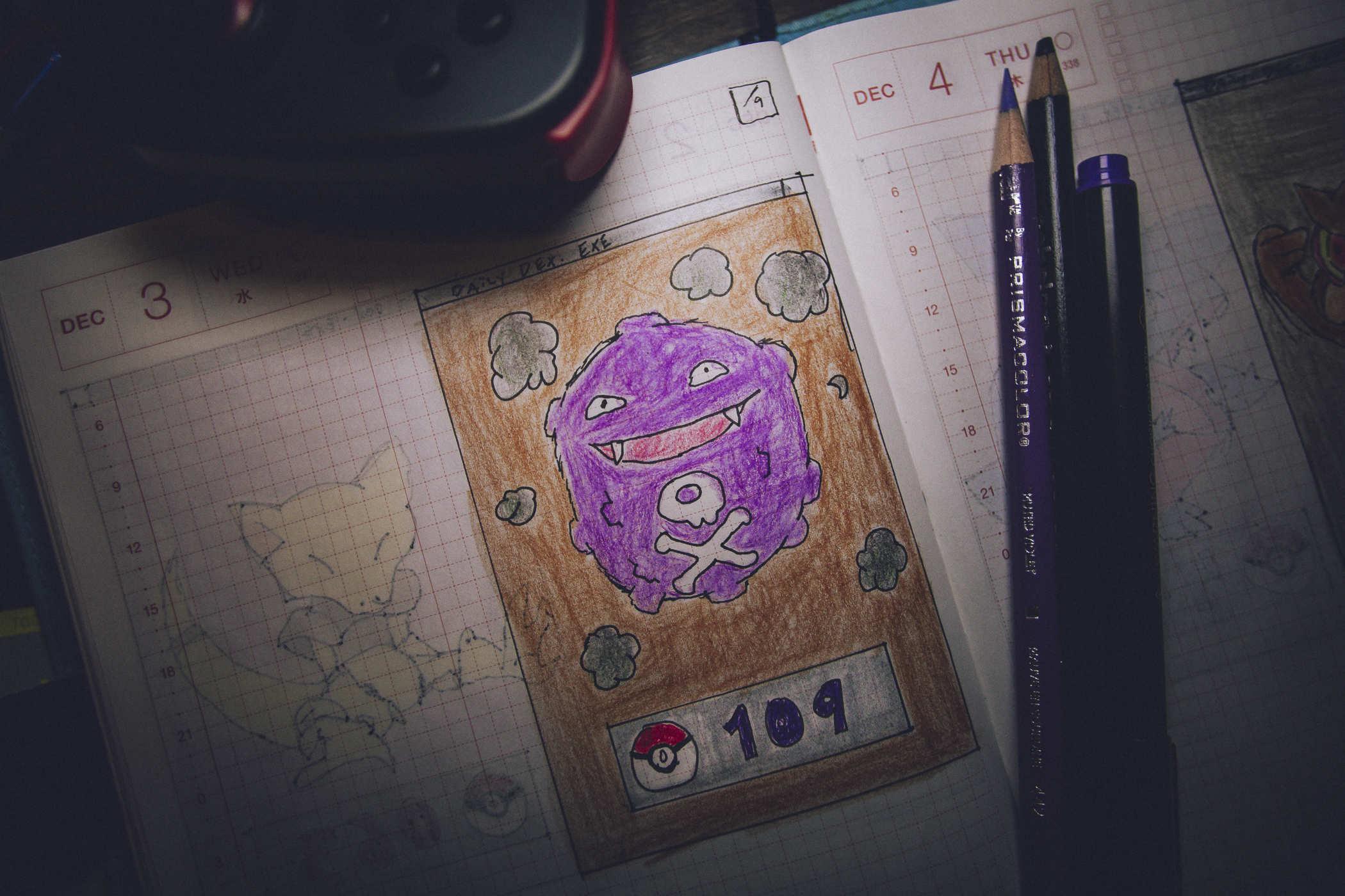 Drawing of pokemon 109; a sentient purple orb with the equivalent of a skull and crossbones on it, surrounded by smoke