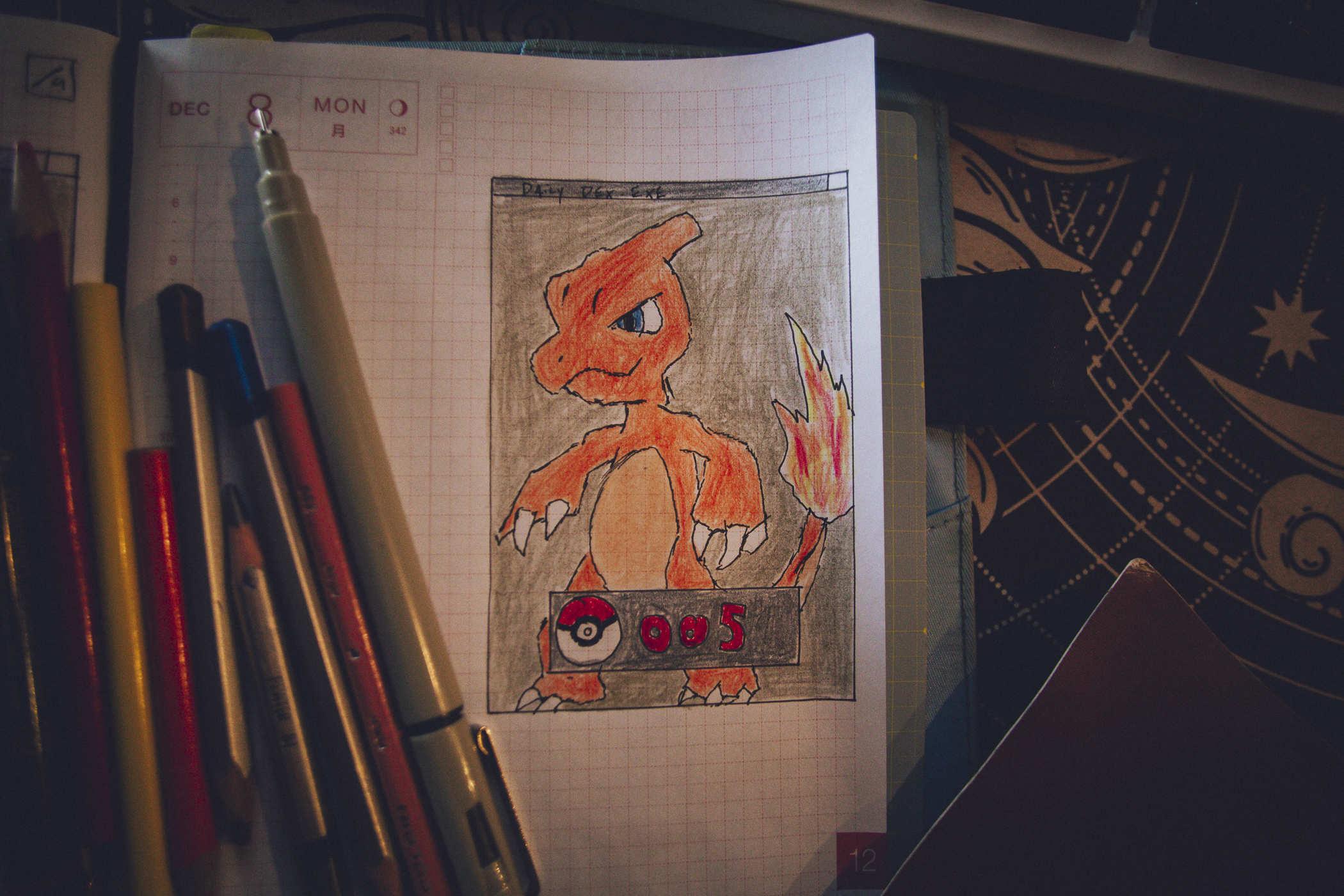 Drawing of Pokemon 5 - Charmeleon (which is an orange biped reptilian with a flaming tail