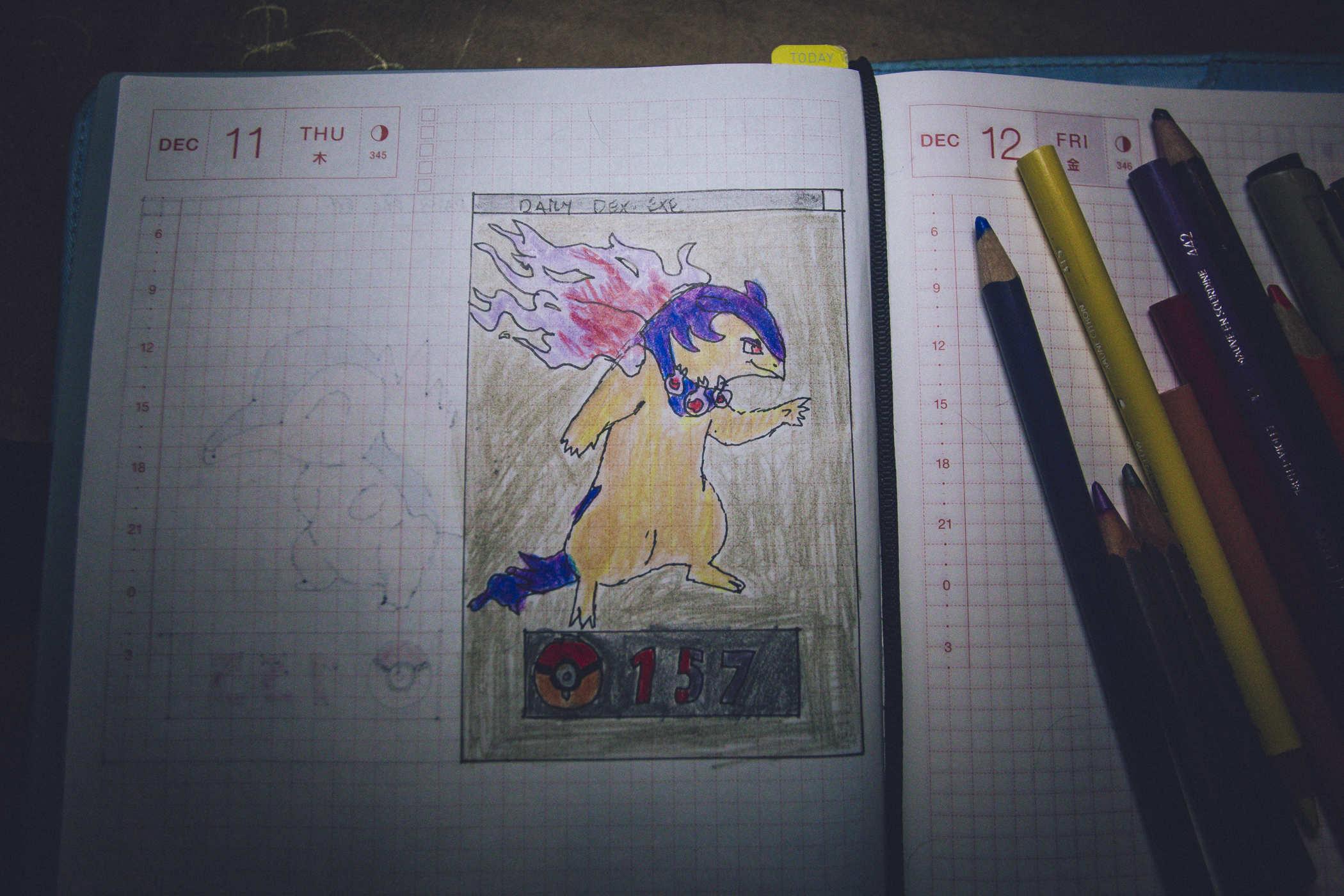 Drawing of pokemon 157, the Typhlosion but in the Hisuian variant where it is like a biped otter with ghostly fire coming out of its back