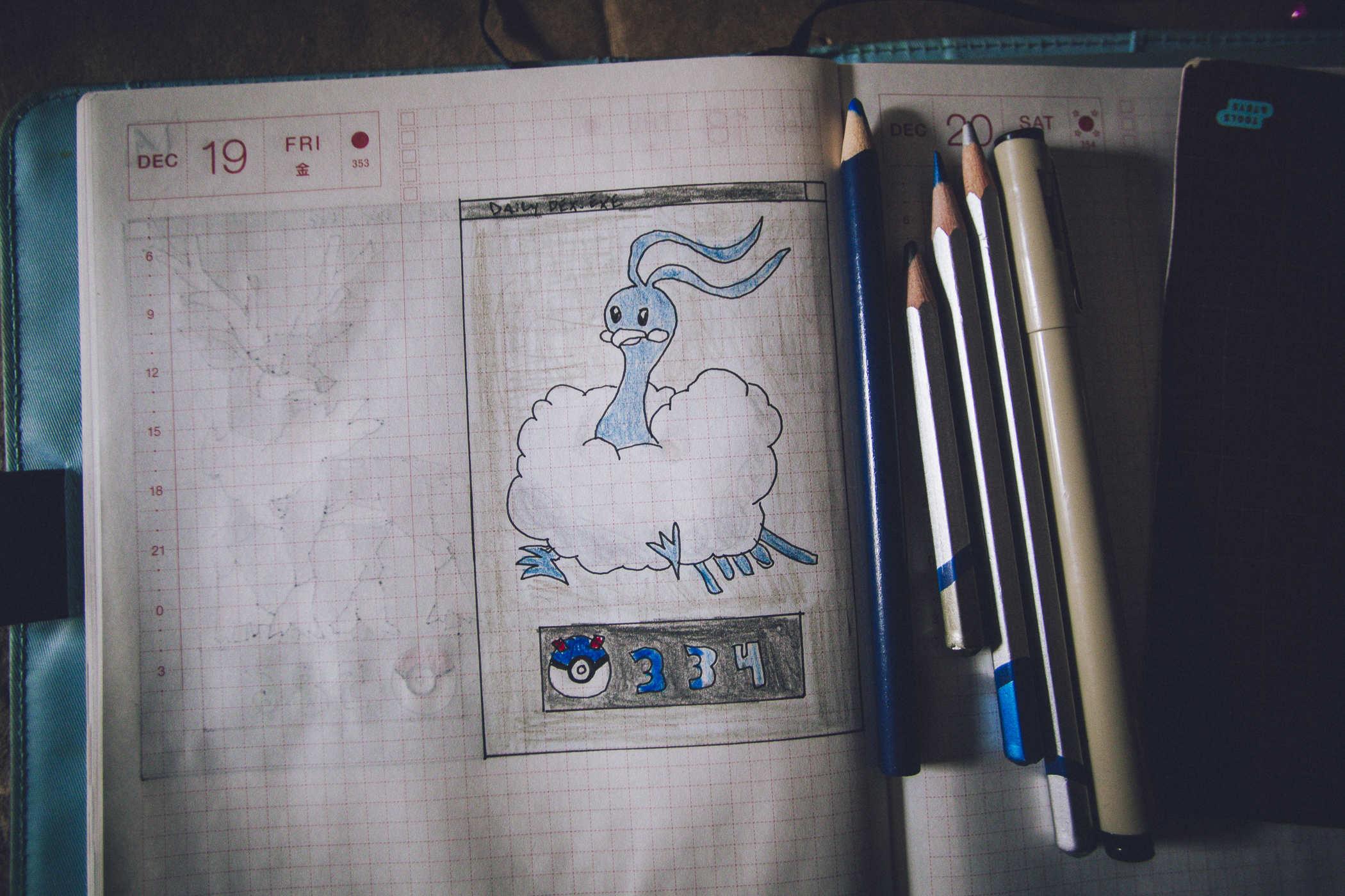 Drawing of pokemon 334, effectively a white fluffy cloud with a bird-like head sticking out the top