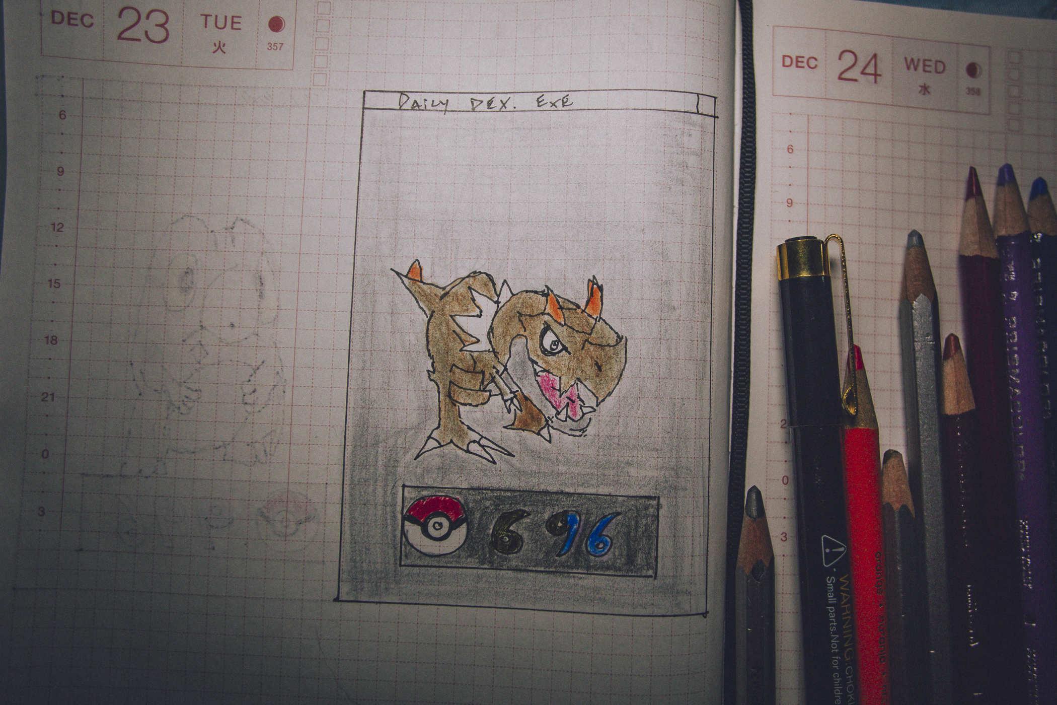 Drawing of pokemon 696, a small brown dinosaur. It's functionally a baby t-rex with orange spikes