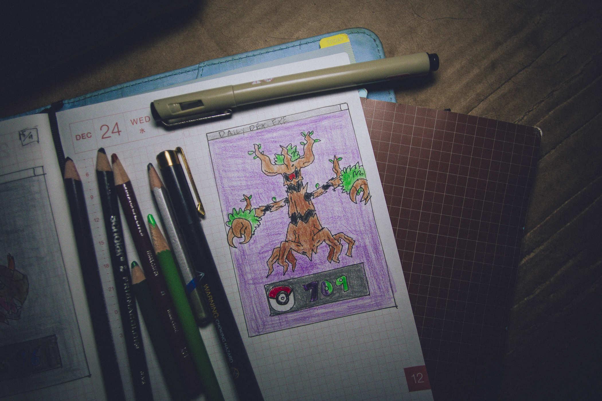 Drawing of pokemon 709; a tree ghost monster with a glowing red monoeye