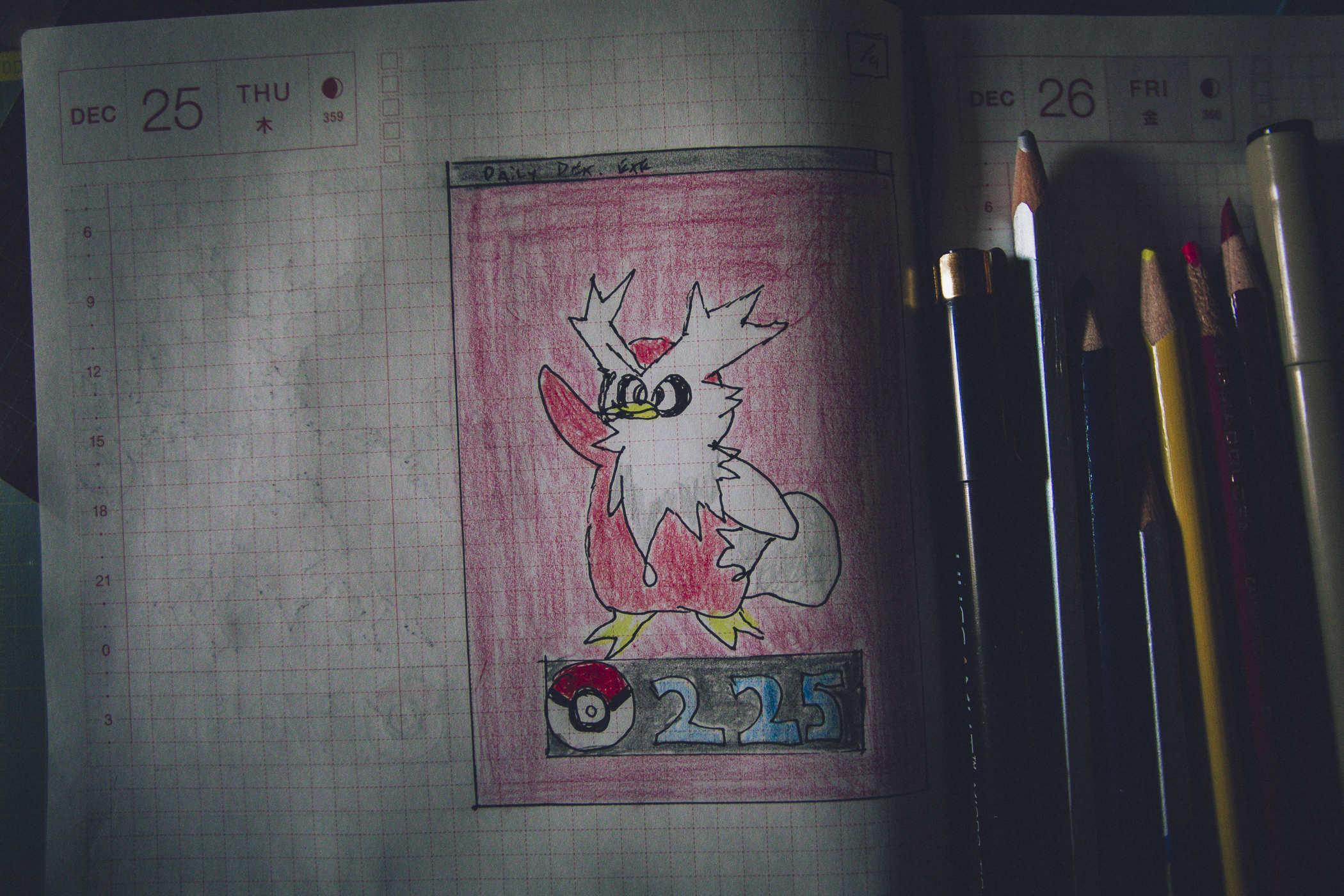 Drawing of pokemon 225, a red and white bird holding what looks like a white sack