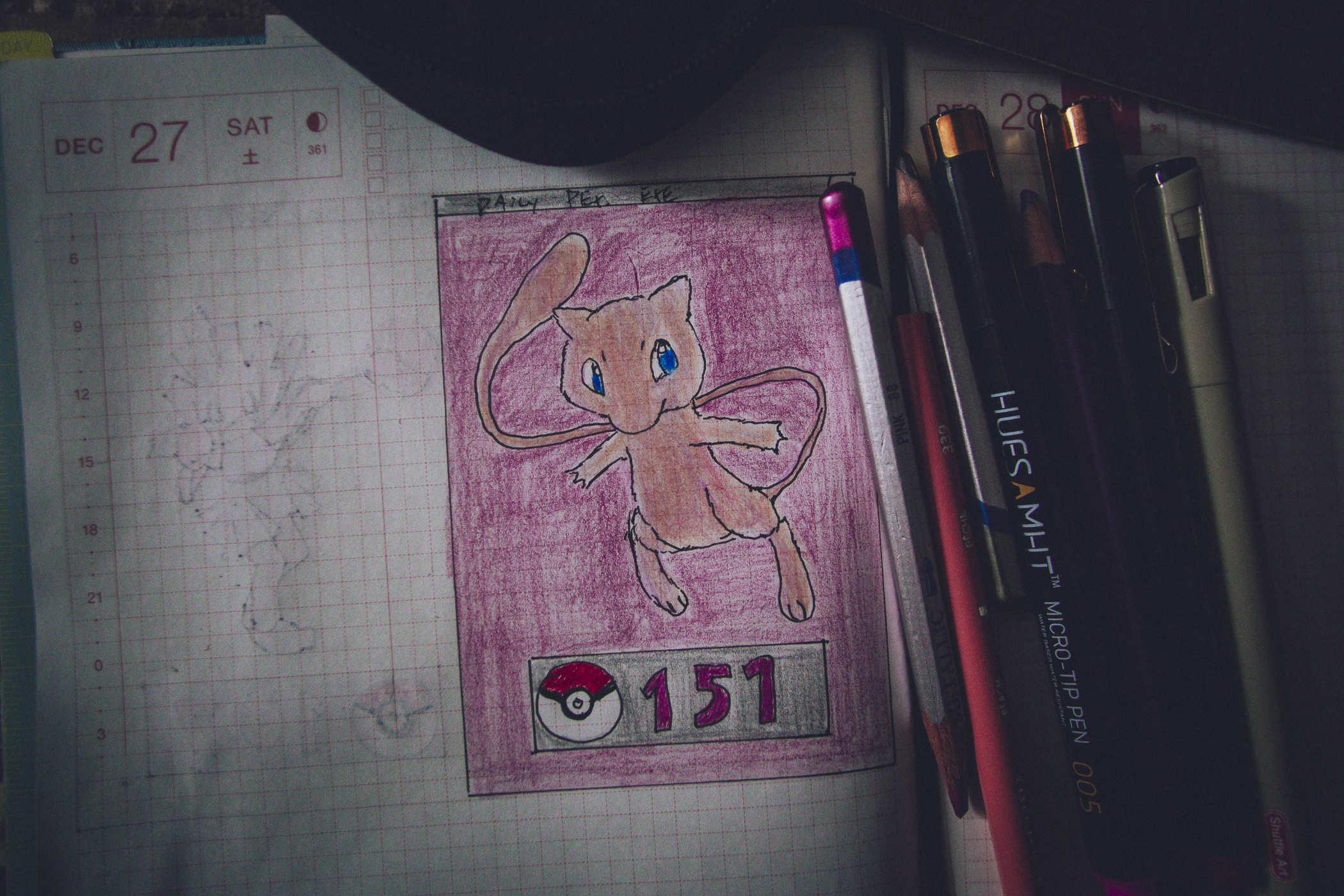Drawing of pokemon 151, the mythical creature 'Mew', a pinkish bipedal cat thing with a long tail