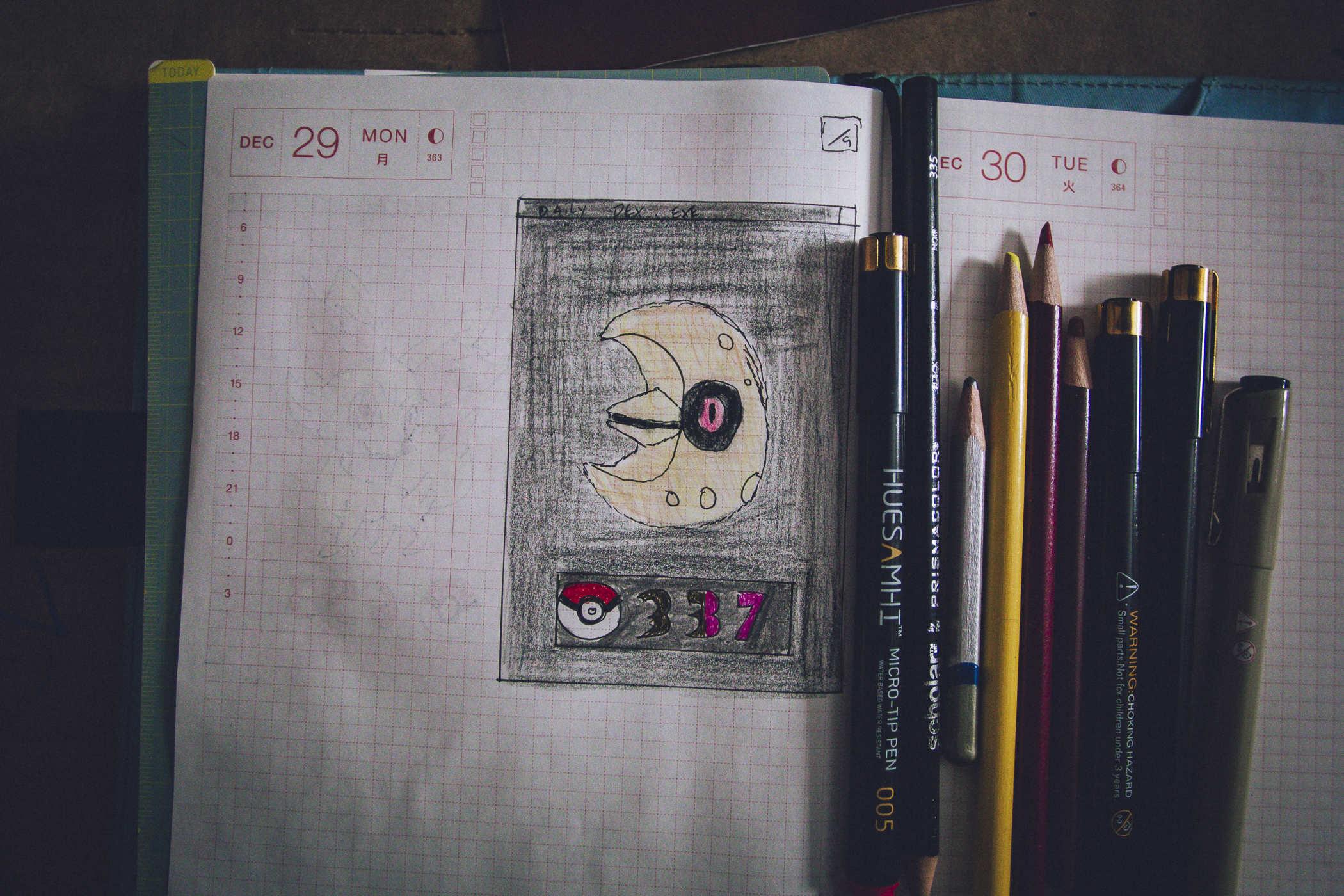 Drawing of pokemon 337; a crescent moon-shaped rock monster with a large beak