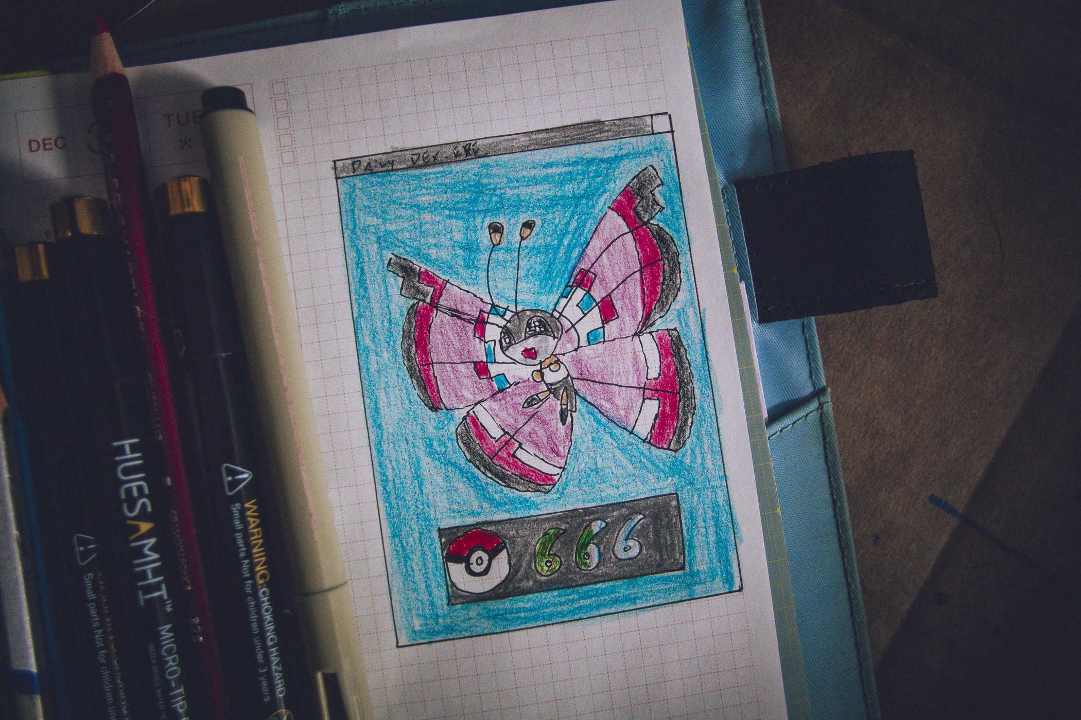 Drawing of pokemon 666, a multicolored moth creature 