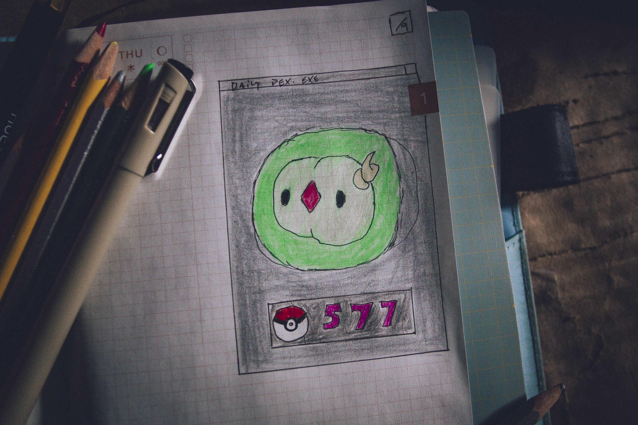 Drawing of pokemon 577; a green blob with a smaller butt shaped creature in the center