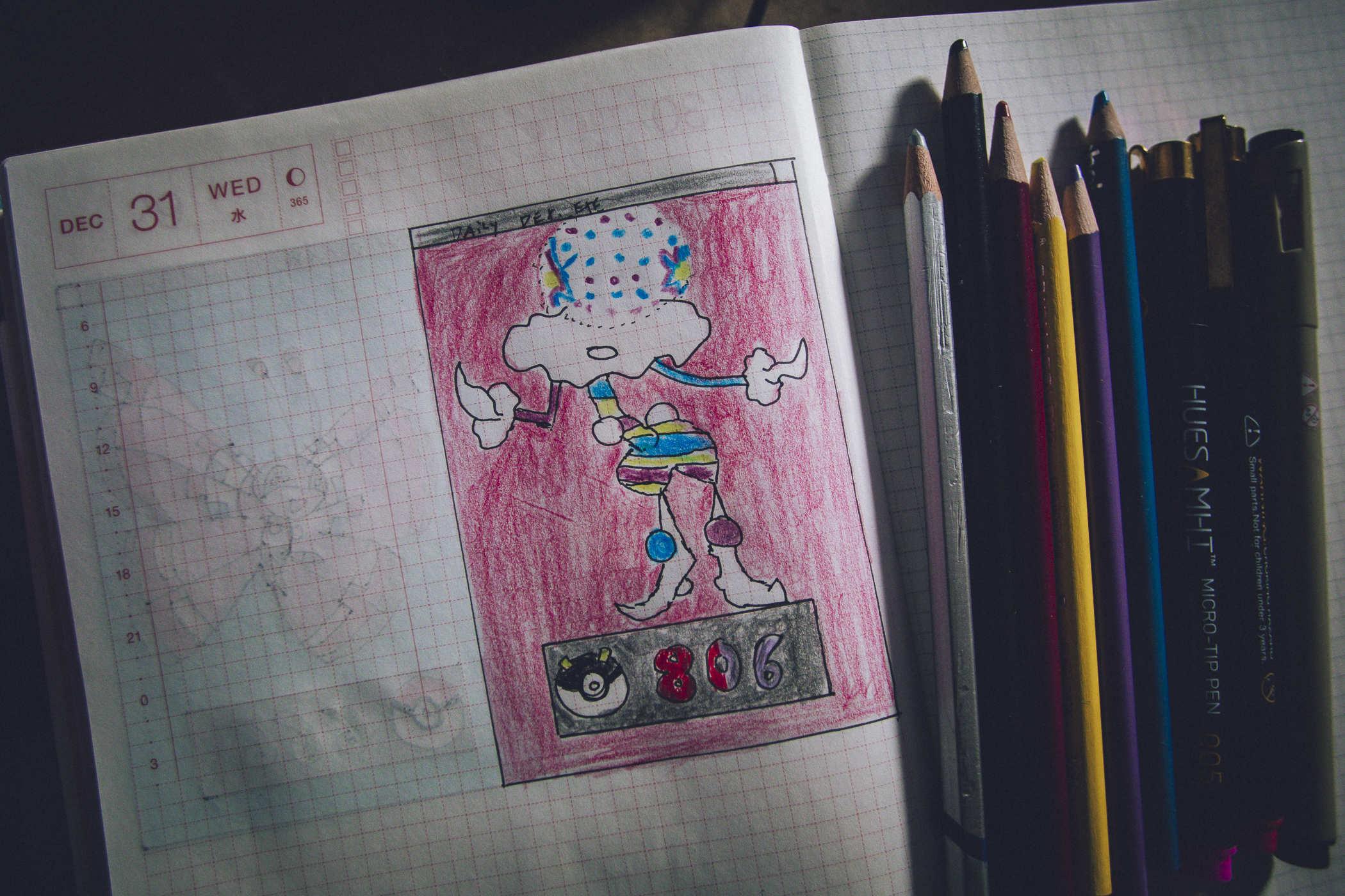 Drawing of pokemon 806, a weird clown-like biped with a flower head that is erupting into fireworks