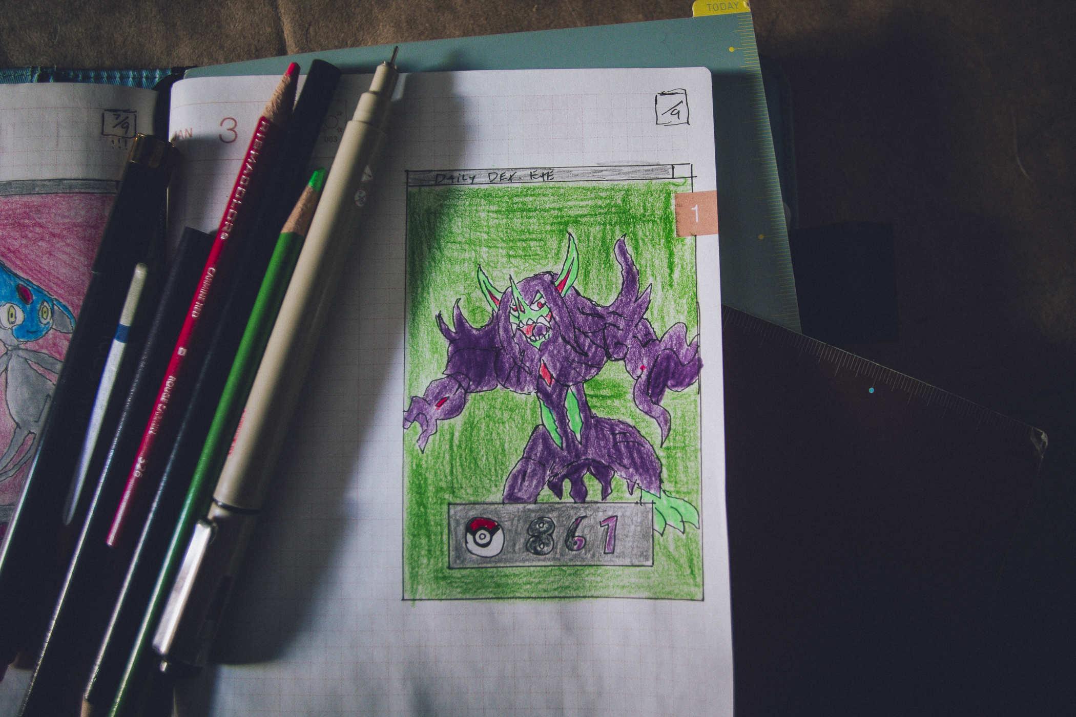 Drawing of pokemon 861; a purple monstrous bipedal beast with green accents
