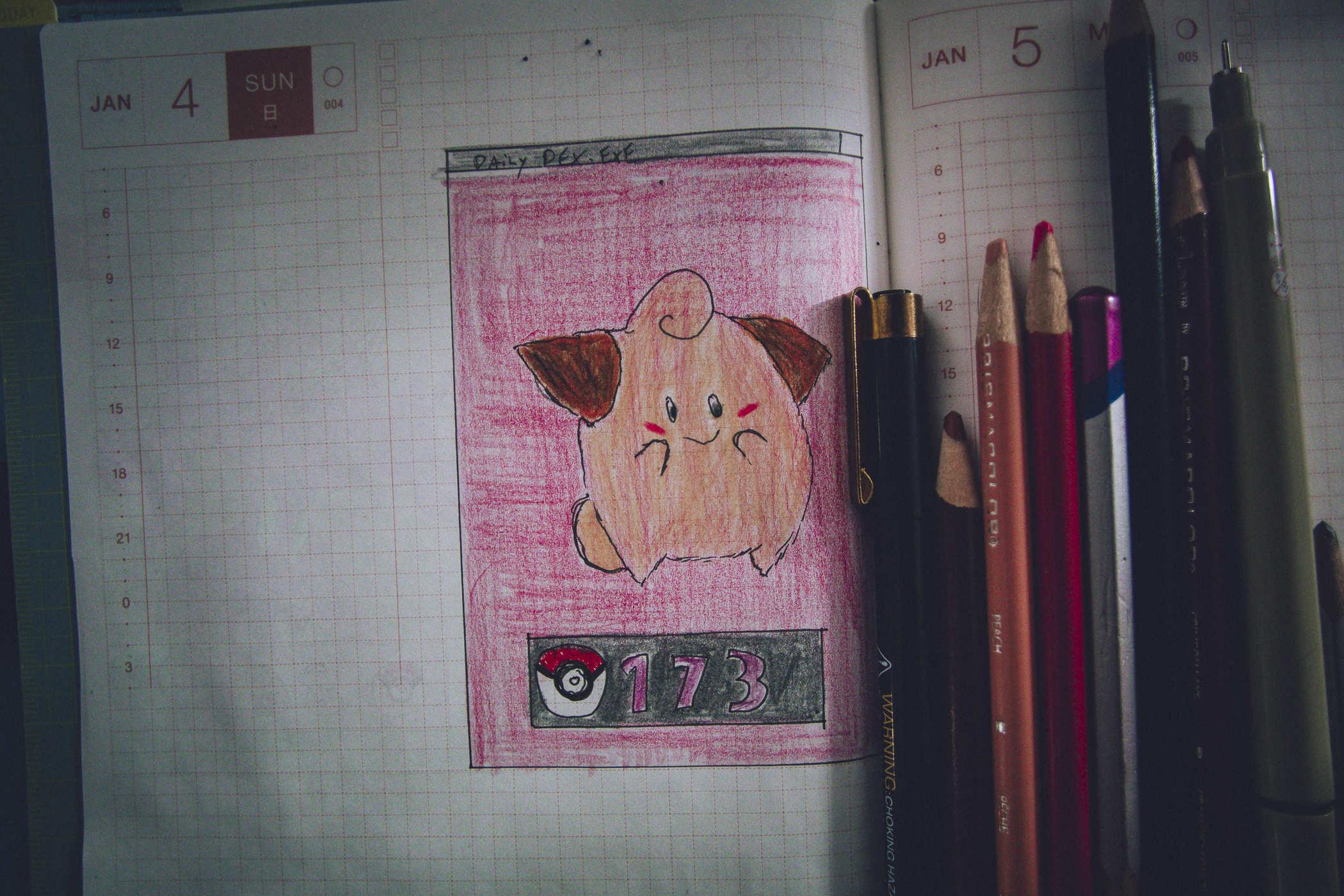 Drawing of pokemon 173, a small pinkish creature that's a cross between a Kirby and a marshmallow