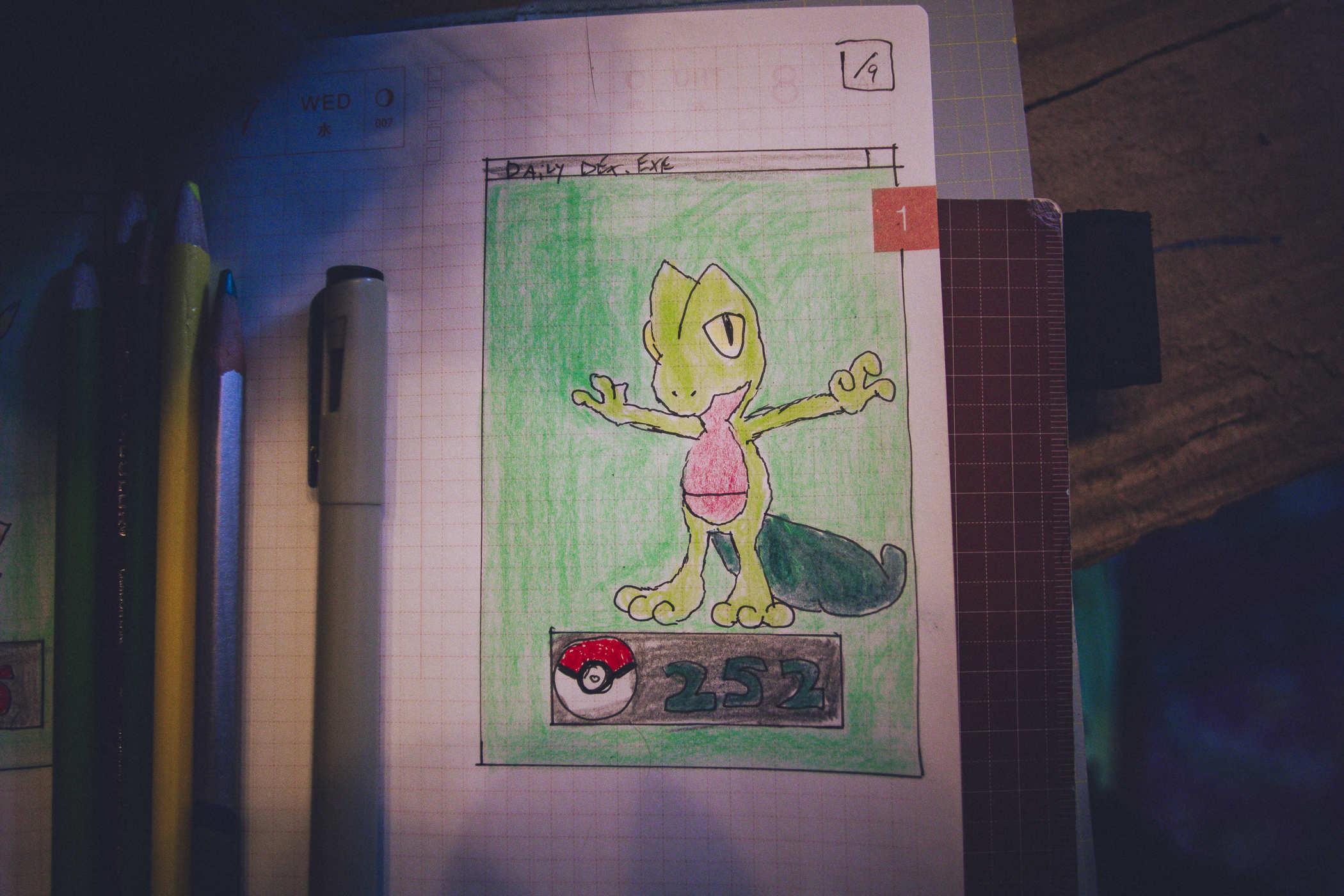 Drawing of pokemon 252; a biped green gecko