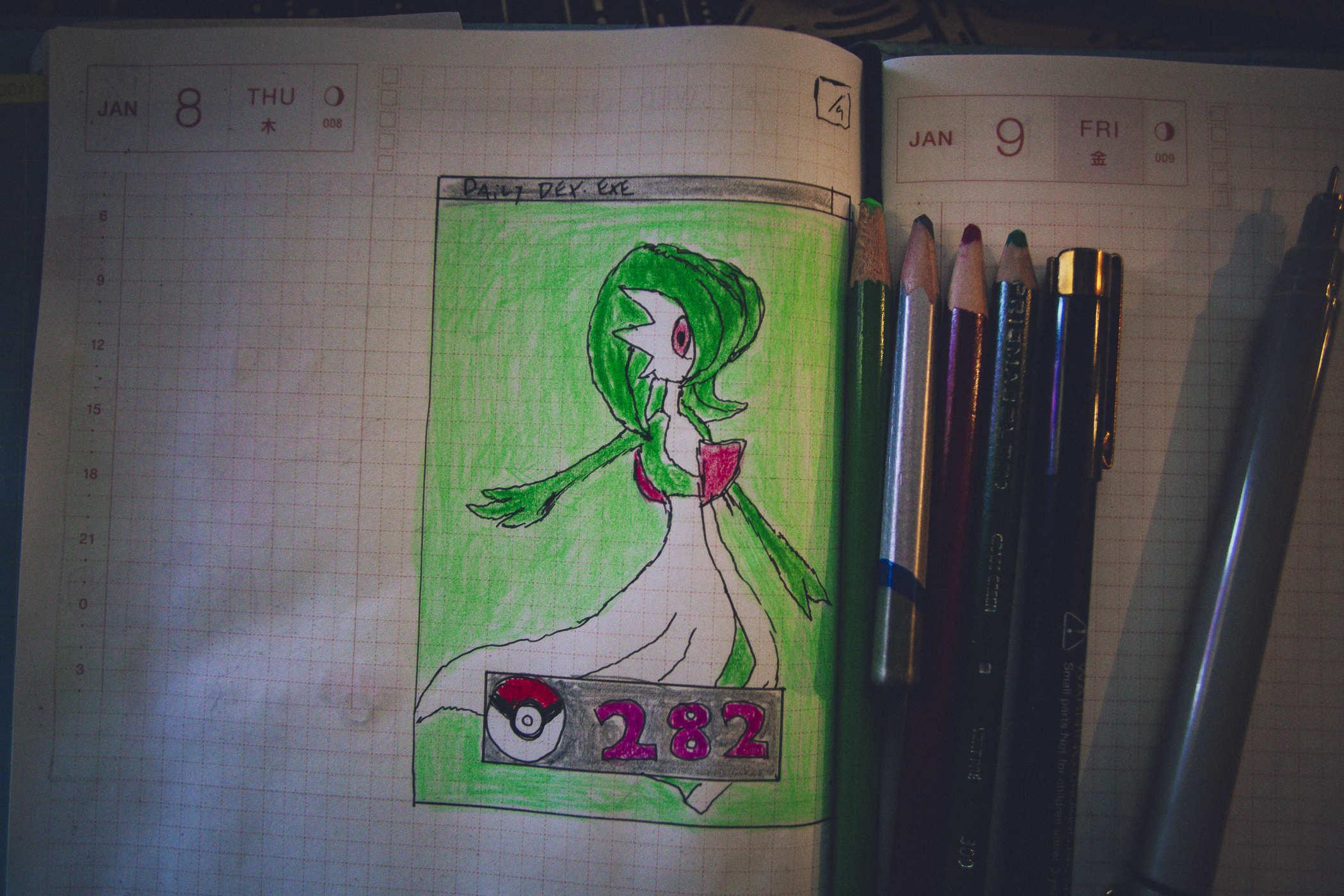 Drawing of pokemon 282; a seemingly plant haired, floating woman with a long white dress