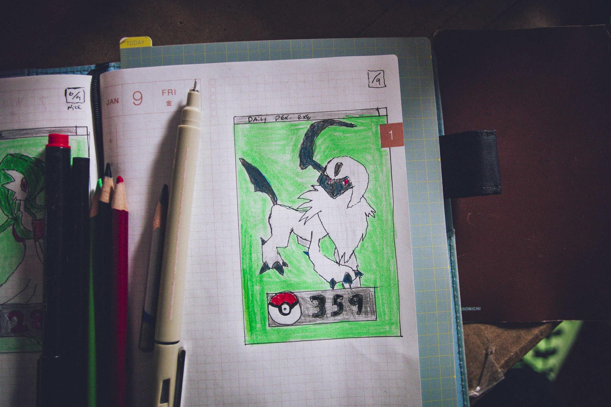Drawing of pokemon 359; a mostly white fluffy doglike creature with an odd bang swoop like a 2000s era emo kid