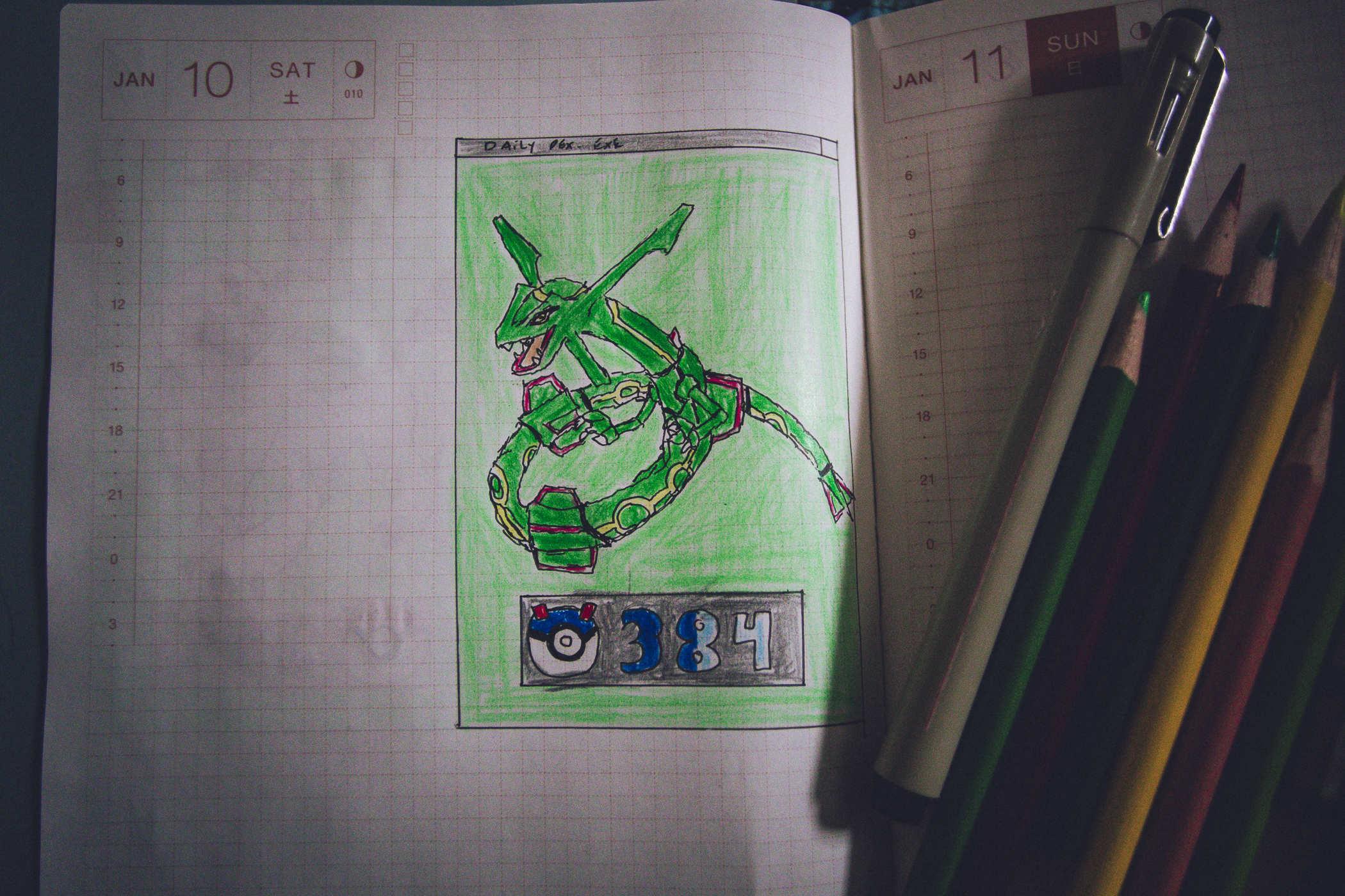 Drawing of pokemon 384; a snakelike green dragon that has oddly missile-looking parts on it