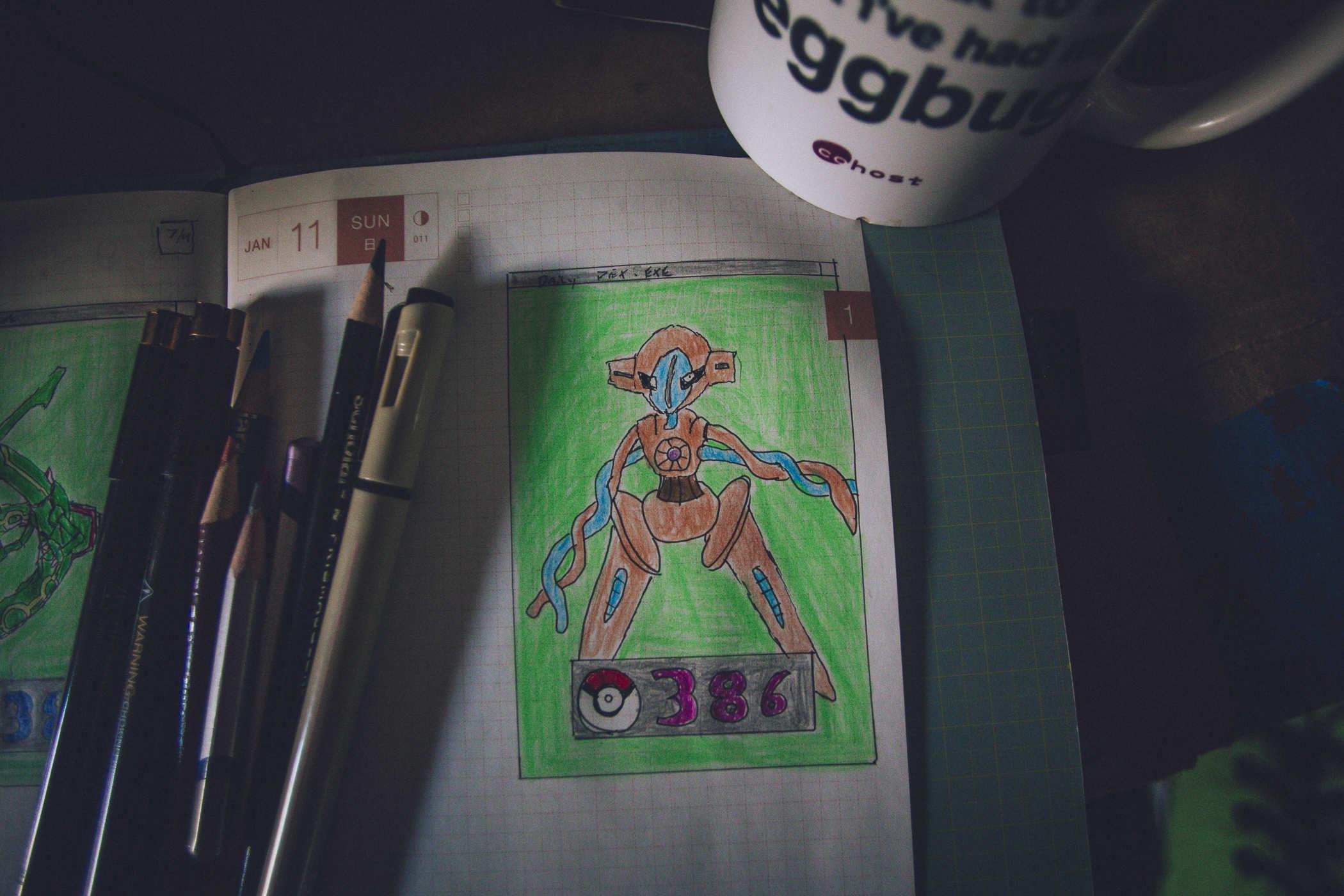 Drawing of pokemon 386; an orange and blue robot with wiry, tentacle-like arms