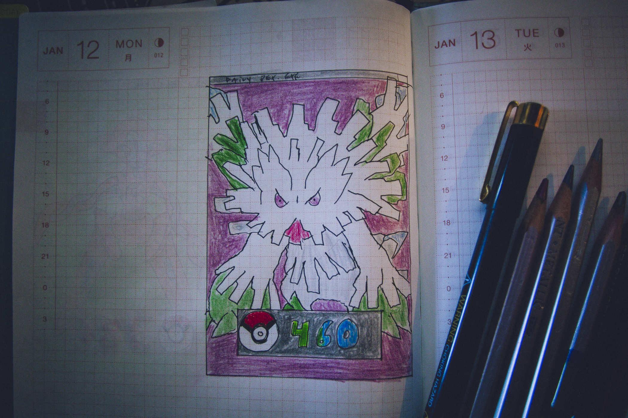 Drawing of pokemon 460; a large snow creature with some green accents