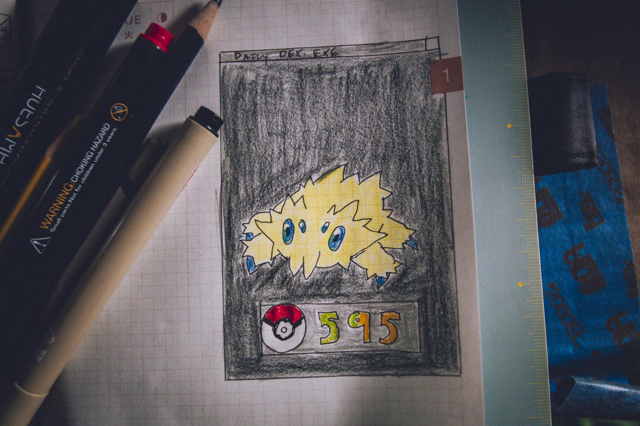 Drawing of pokemon 595; a small yellowish spider like creature with only four legs