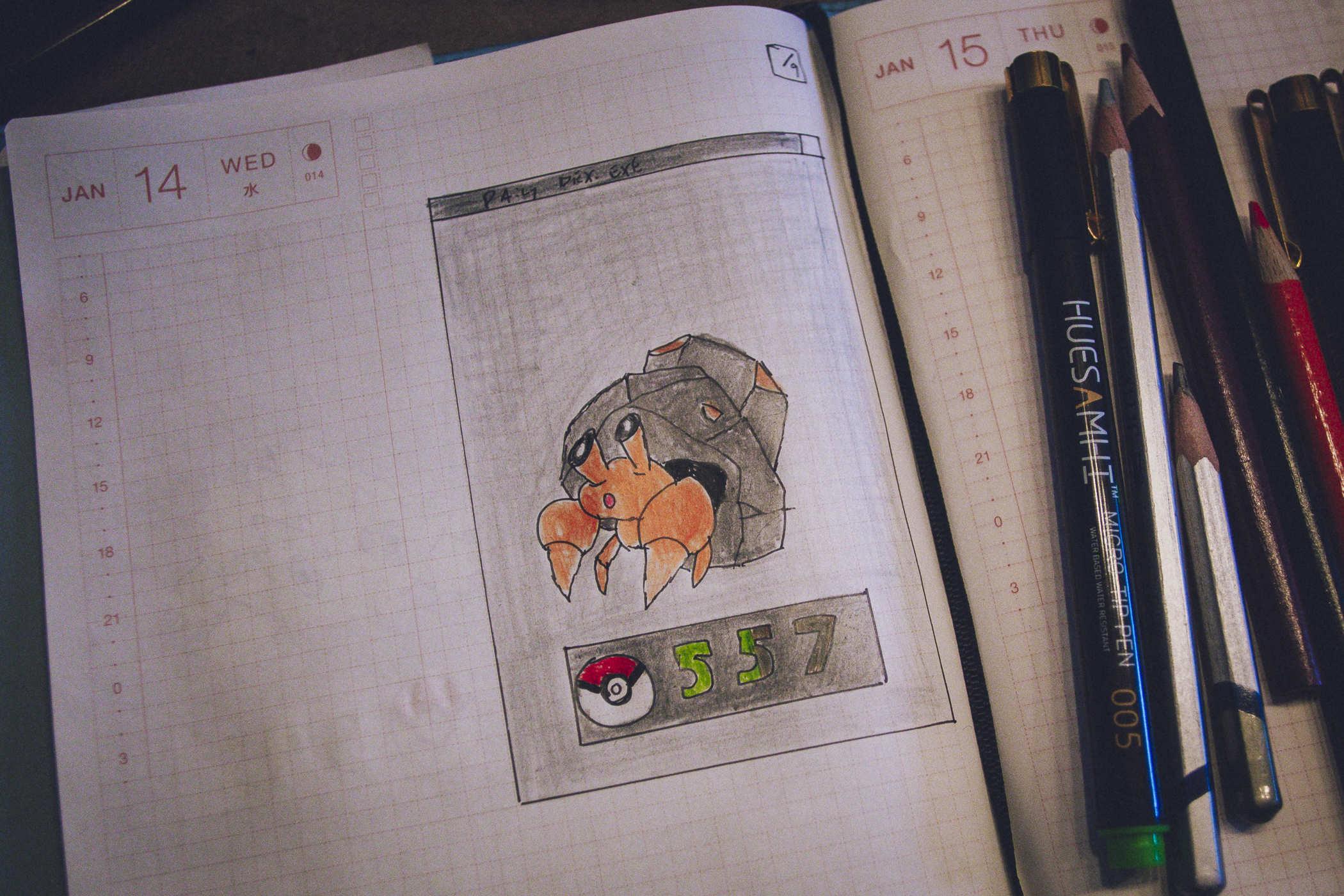 Drawing of pokemon 557; an orange hermit crab with a large rock shell