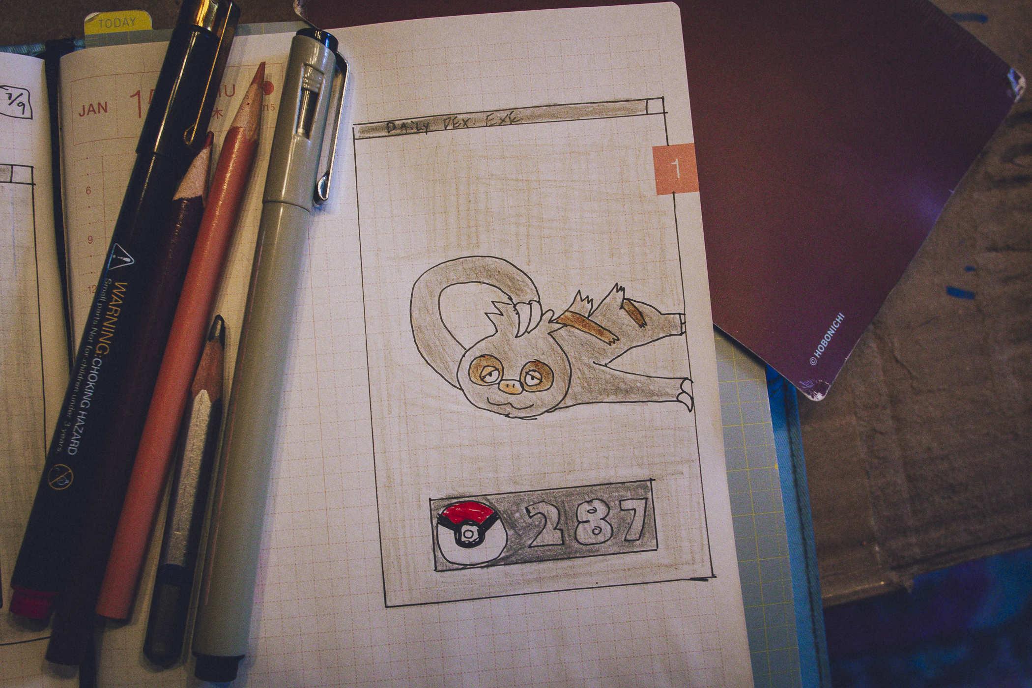Drawing of pokemon 287; it's a two-toed sloth scratching its head