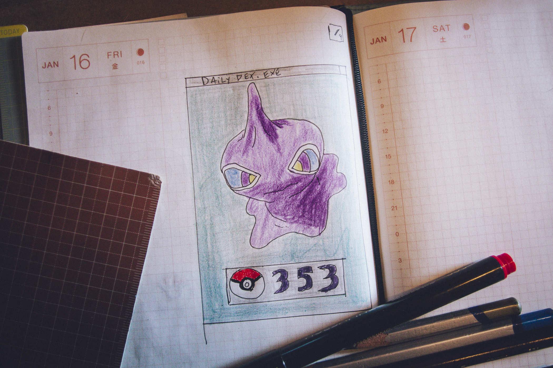 Drawing of pokemon 353; a purple ghost puppet