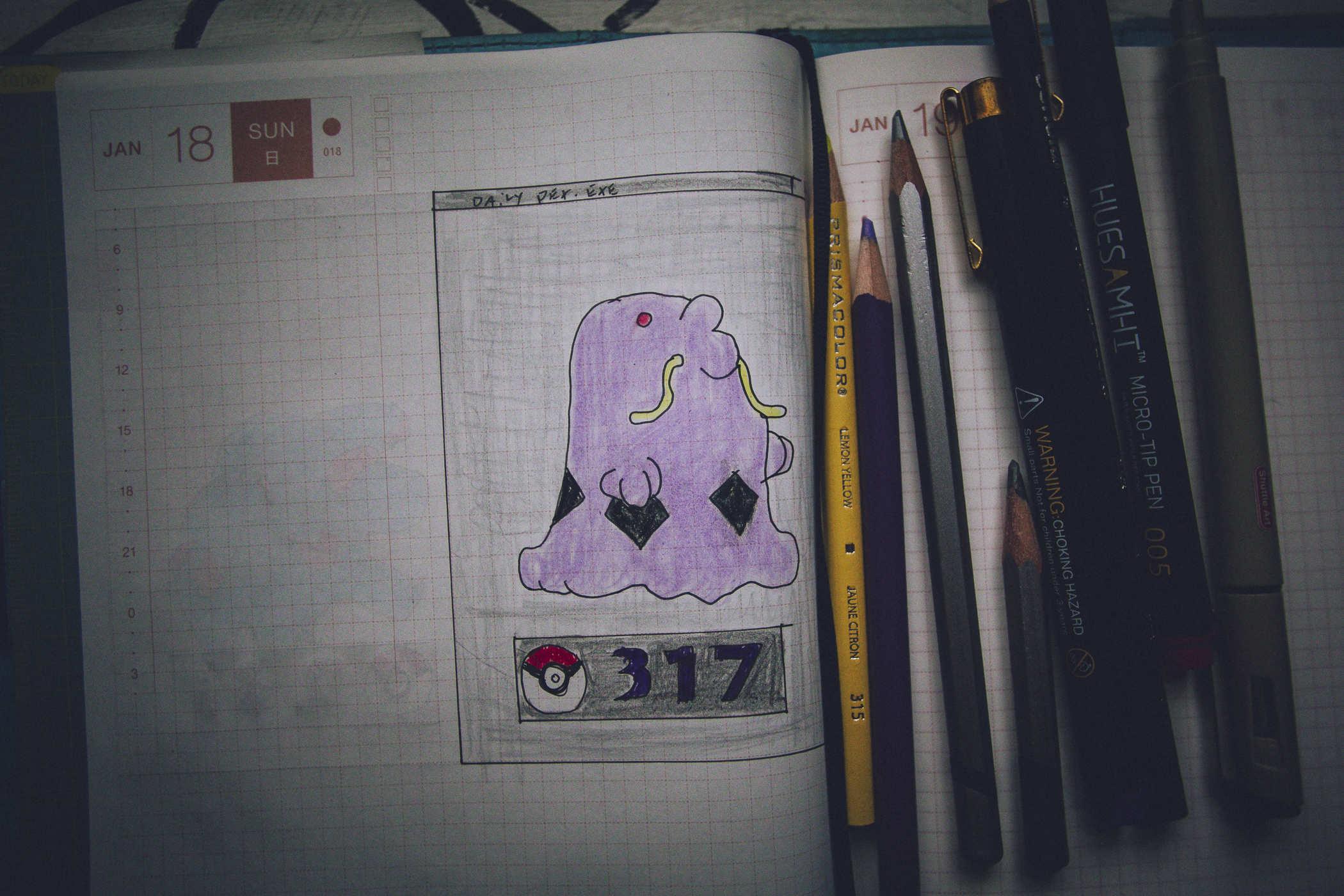 Drawing of pokemon 317; a large purple blob with black diamond patterns on it and yellow whisker like tentacles