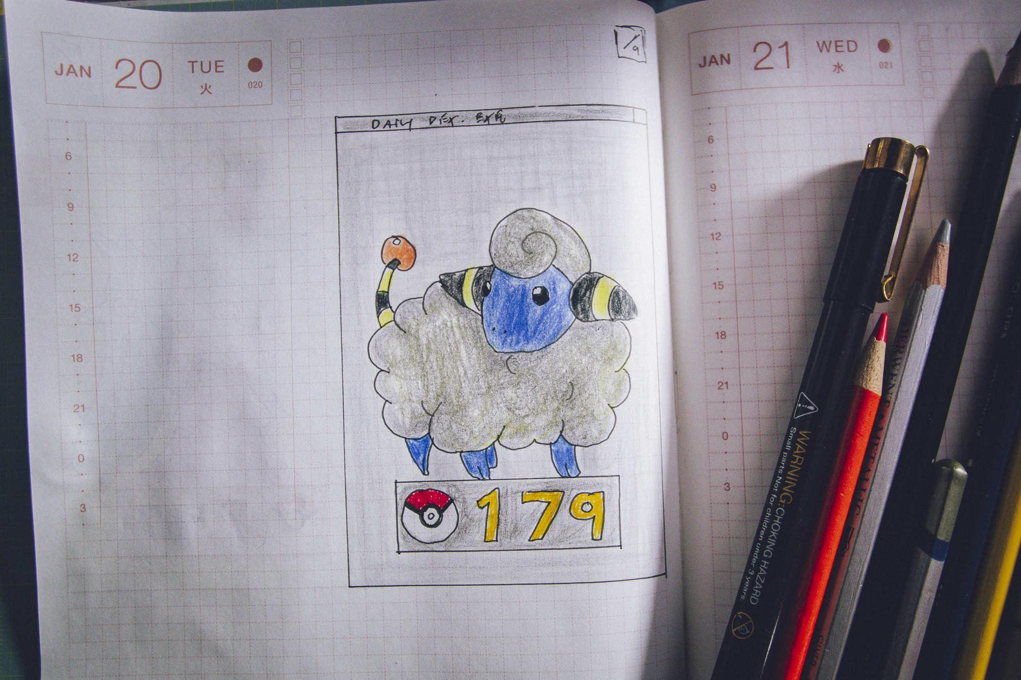 Drawing of pokemon 179, a sheep with blue skin and some electical color accents