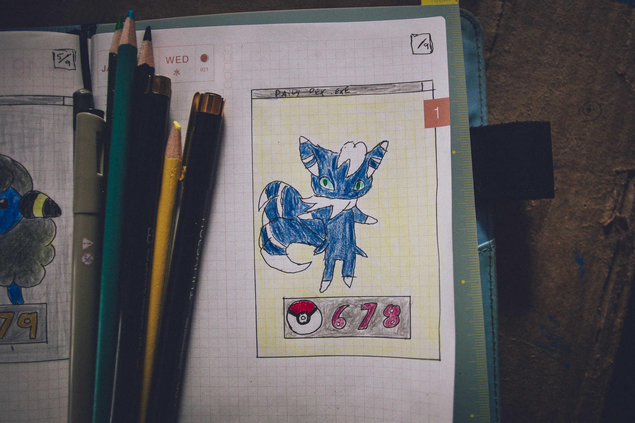 Drawing of Pokemon 678; a biped blueish cat with two tails
