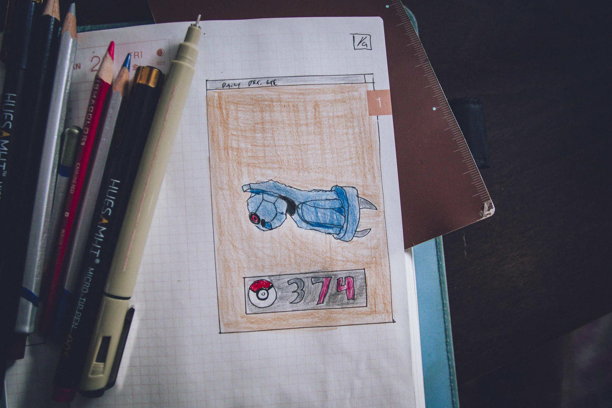 Drawing of pokemon 374; a mechanical eye attached to a metal arm with claws