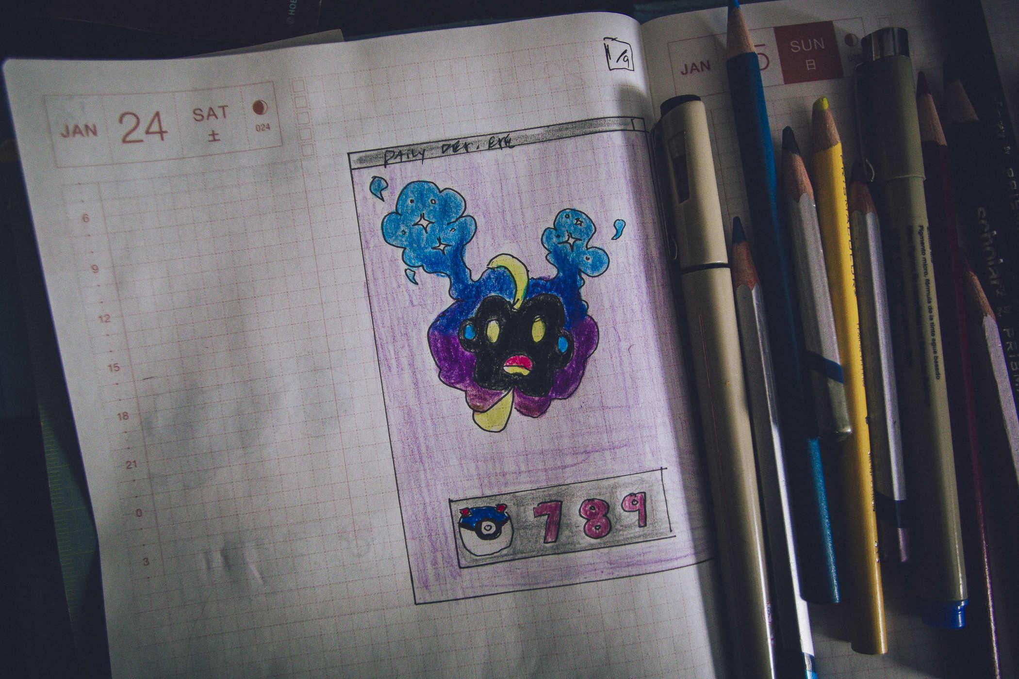 Drawing of pokemon 789; a black cloudlike creature with blue and purple nebula like clouds forming around it