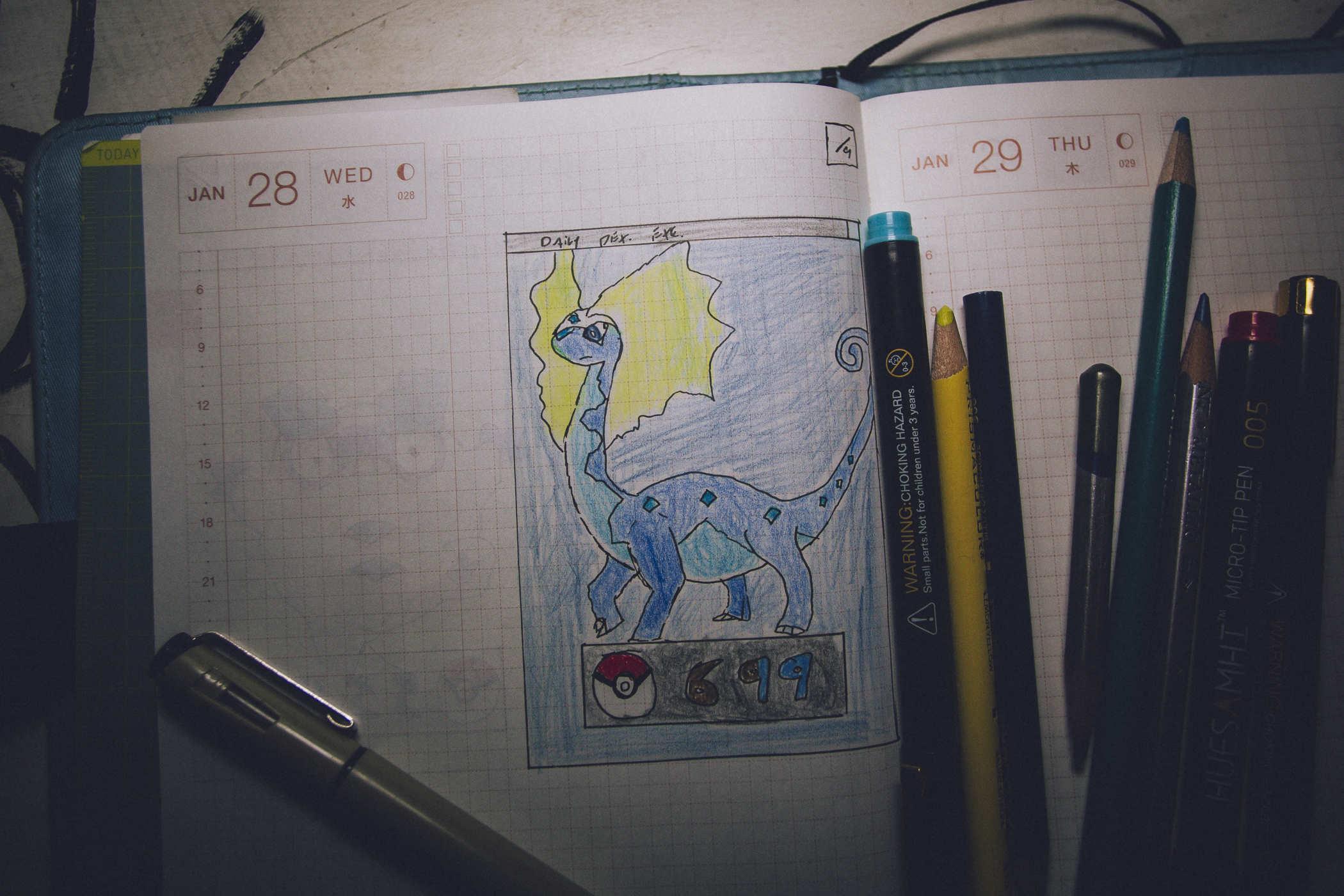 Drawing of pokemon 699; a blue quadruped long necked dinosaur with a glowing frill