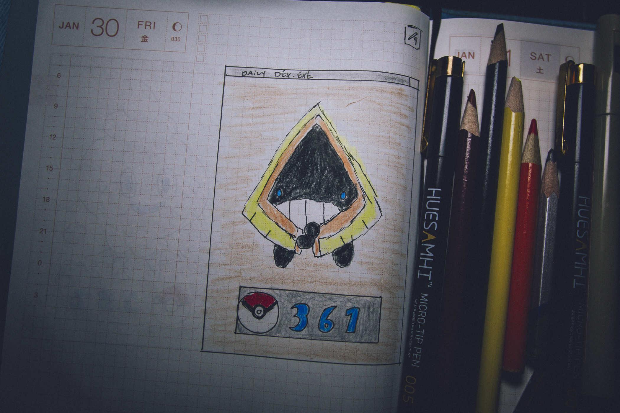 Drawing of pokemon 361 - a dark face in a snow hat 
