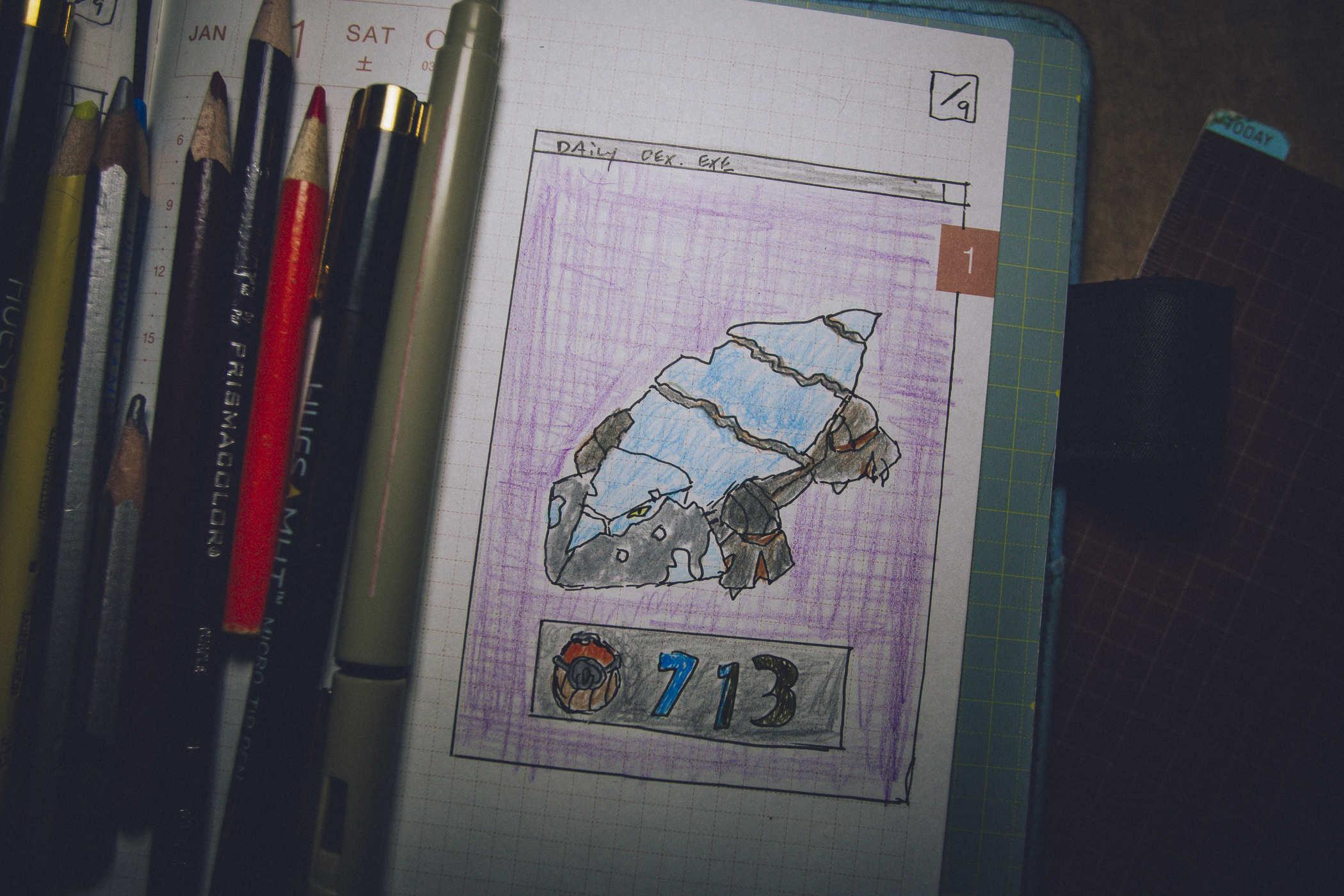 Drawing of pokemon 713; a quadruped ice monster with a metal shield on the face