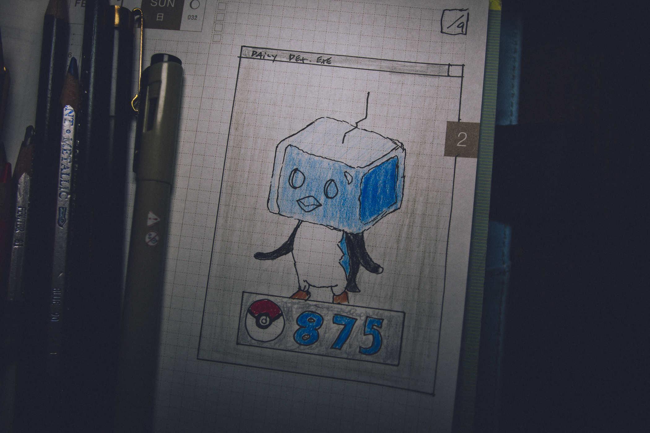 Drawing of pokemon 875; it's a penguin but it has an ice cube for a head