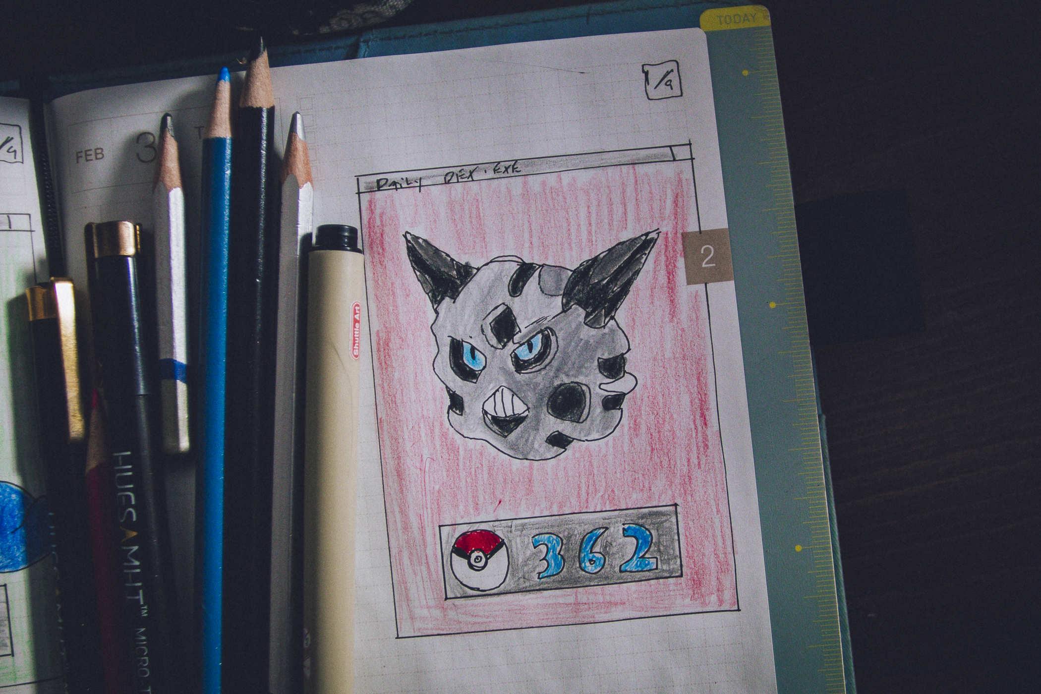 Drawing of pokemon 362; a floating head with blue eyes, horns, and unsettling teeth