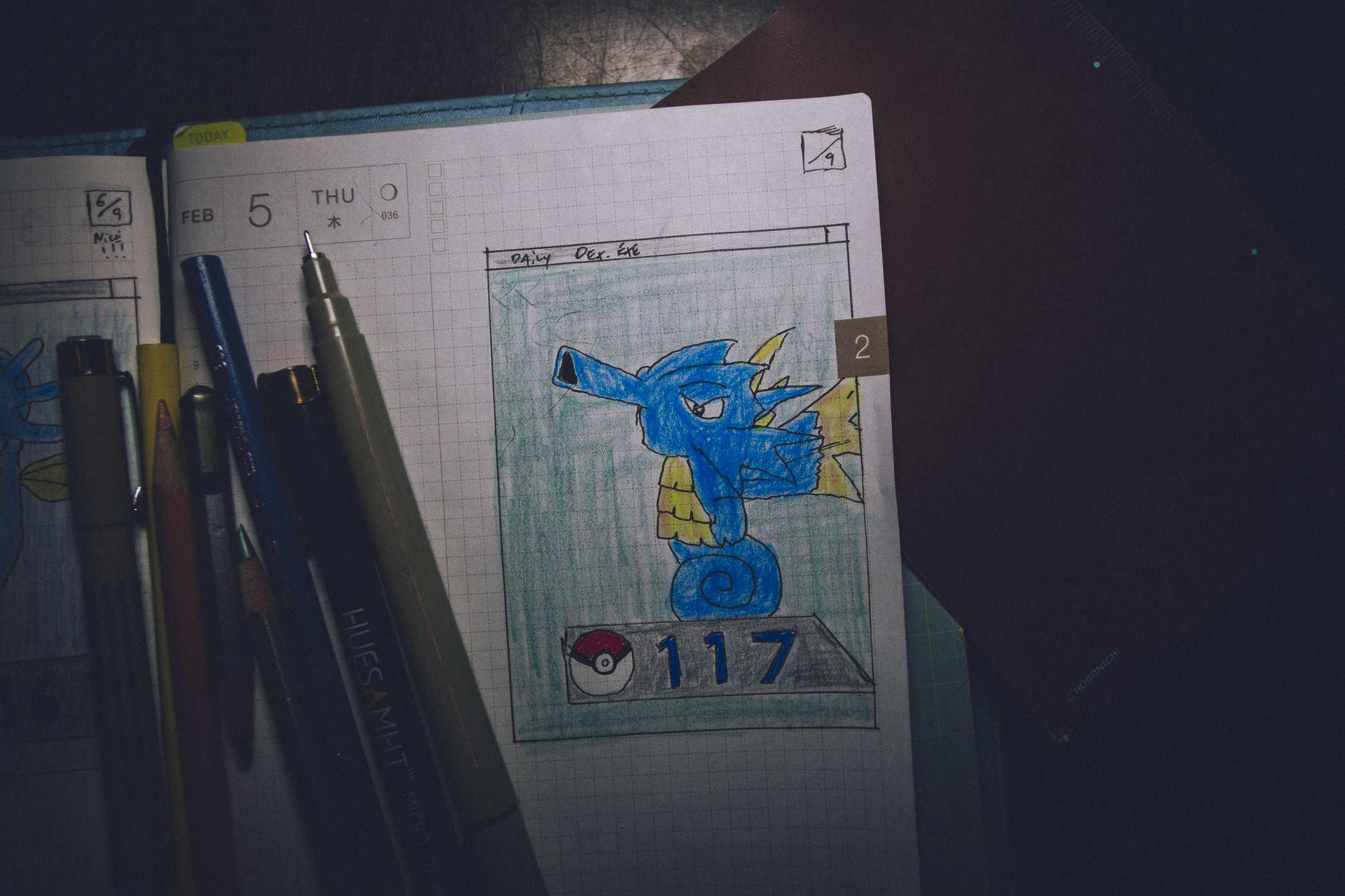 Drawing of pokemon 117; a slightly larger seahorse with a longer snout 