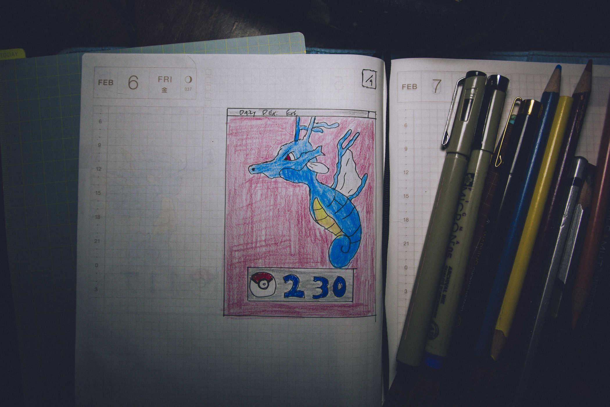 drawing of pokemon 230; a larger seahorse