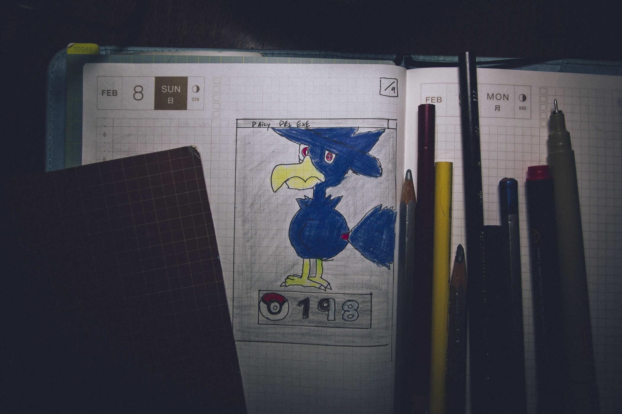 Drawing of pokemon 198; a crow that looks like it has a witches hat on