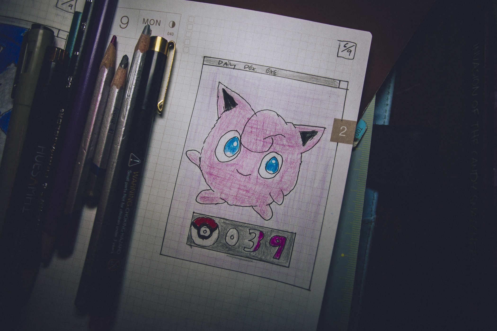 drawing of pokemon 39; a pink puffball that looks like legally distinct kirby 