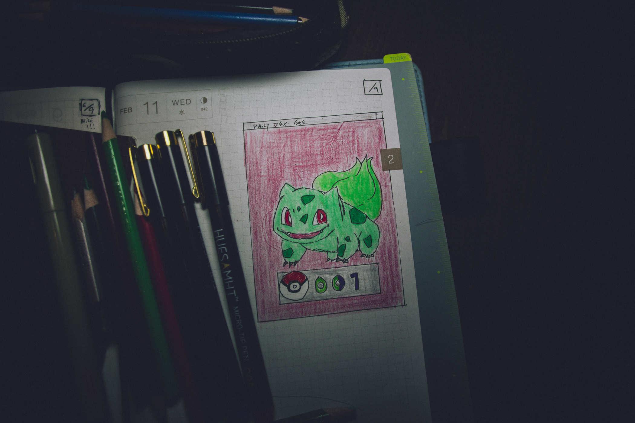 Drawing of pokemon 001 - the iconic bulbasaur; a small green dinosaur with a giant flower bulb growing on its back