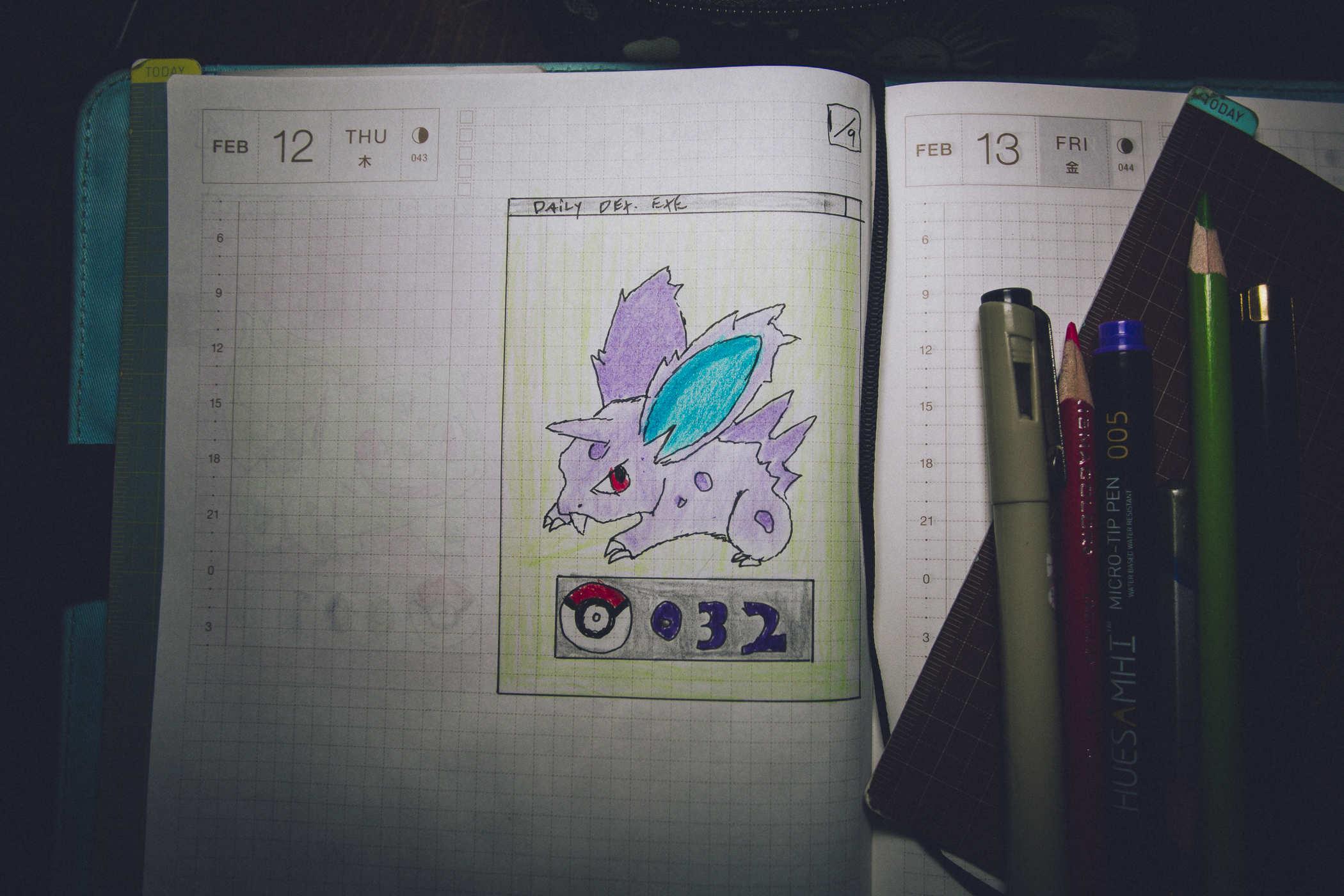Drawing of pokemon 032; a small purplish rabbit dinosaur