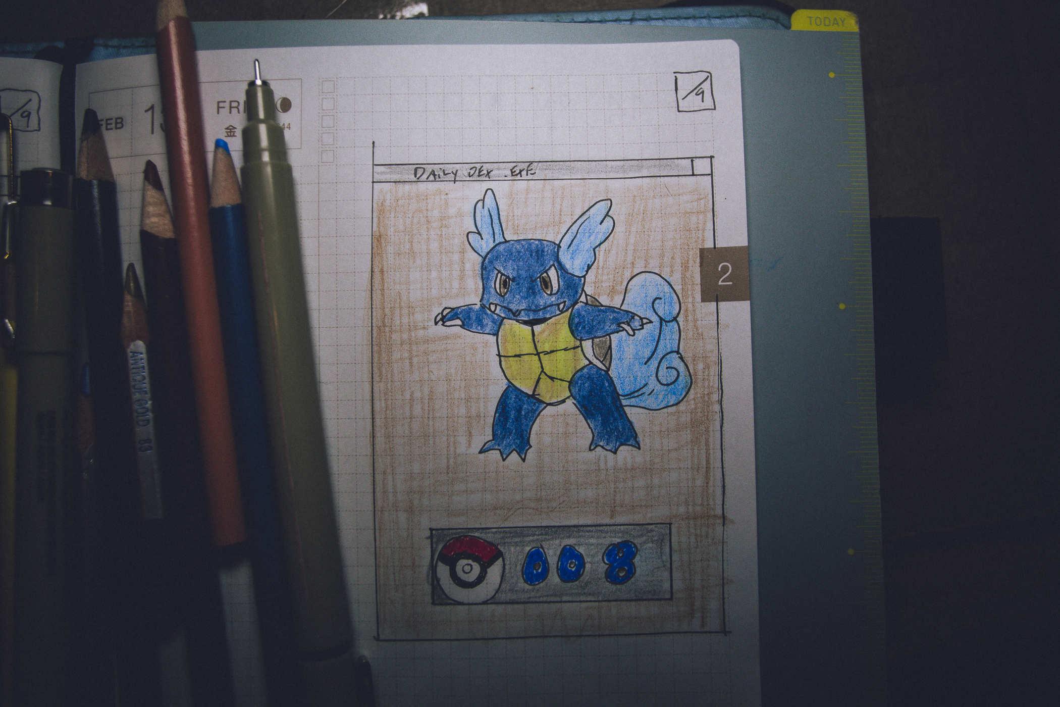 Drawing of pokemon 8; a biped turtle with frilly ears and a cloudlike tail